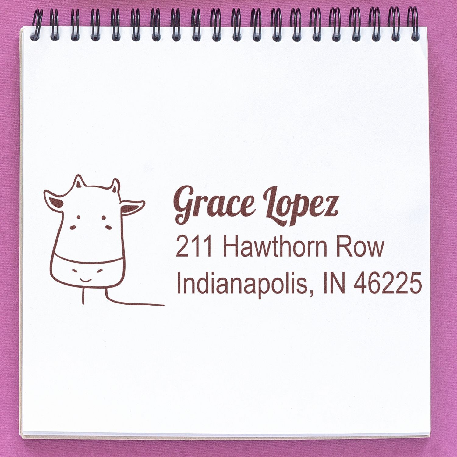 Custom rubber stamp with giraffe design and personalized return address for Grace Lopez, 211 Hawthorn Row, Indianapolis, IN 46225.