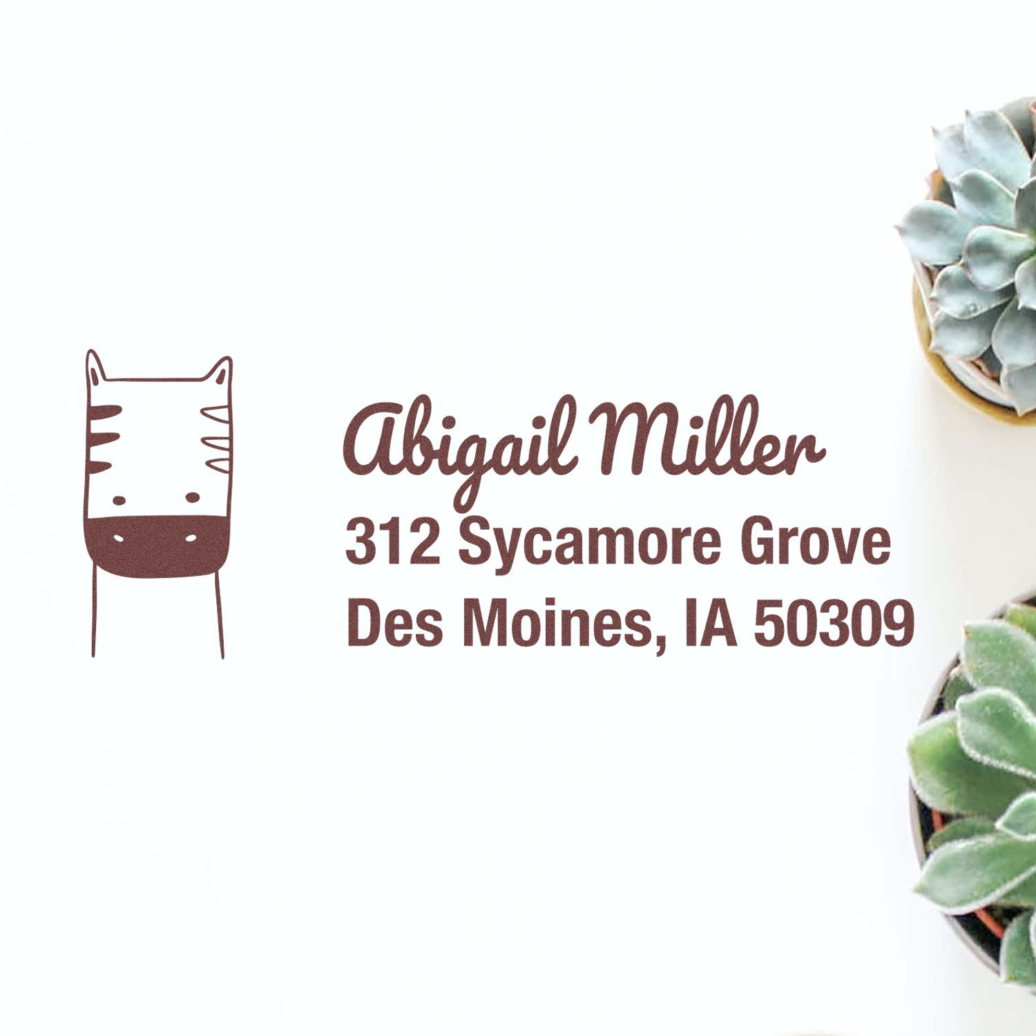Personalized cat address rubber stamp with Abigail Miller return address, Des Moines, IA 50309