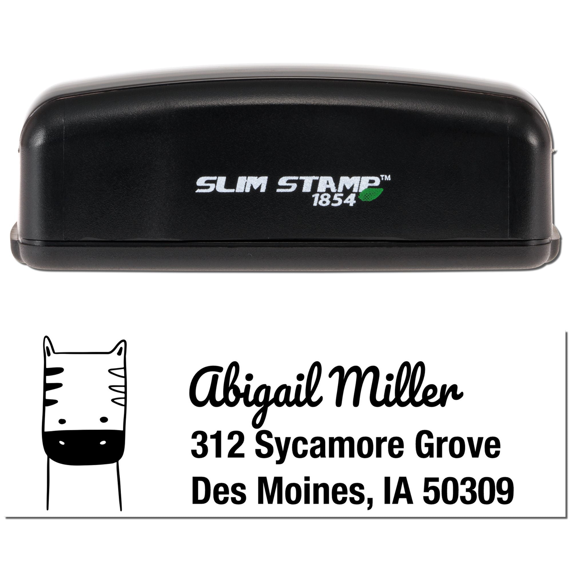 Slim Stamp 1854 self-inking rubber stamp with cat design, showing a custom return address imprint for envelopes.