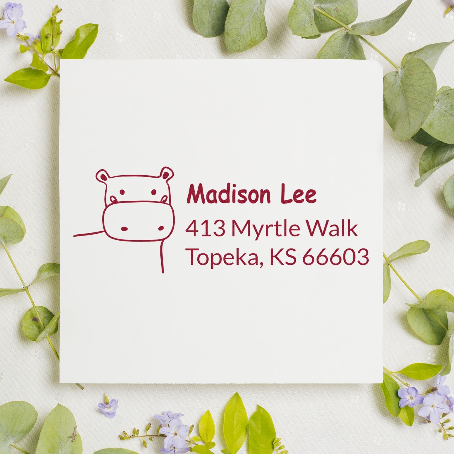Custom hippo return address rubber stamp for Madison Lee, Topeka, KS, for personalized envelopes and stationery.