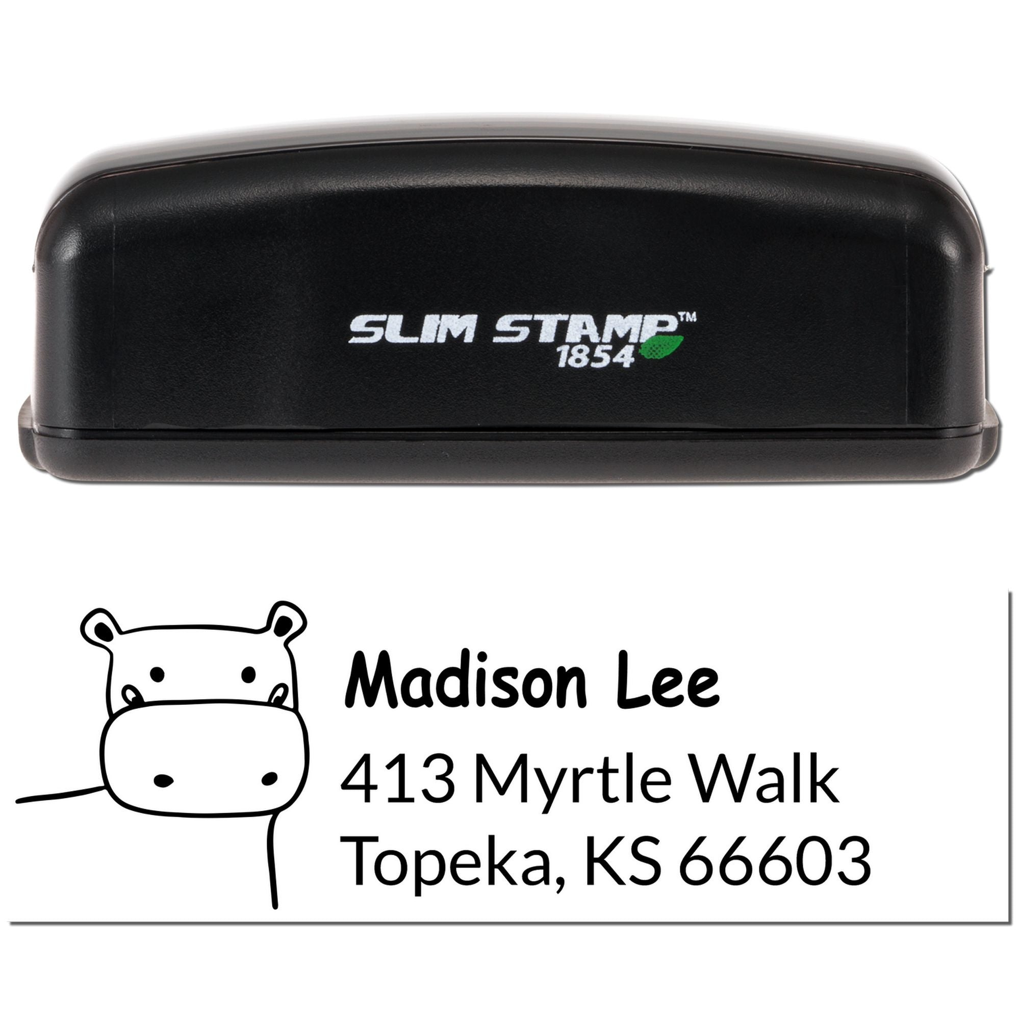 Custom self-inking address stamp with hippo design, Slim Stamp 1854, for Madison Lee mailing addresses in Topeka, KS.