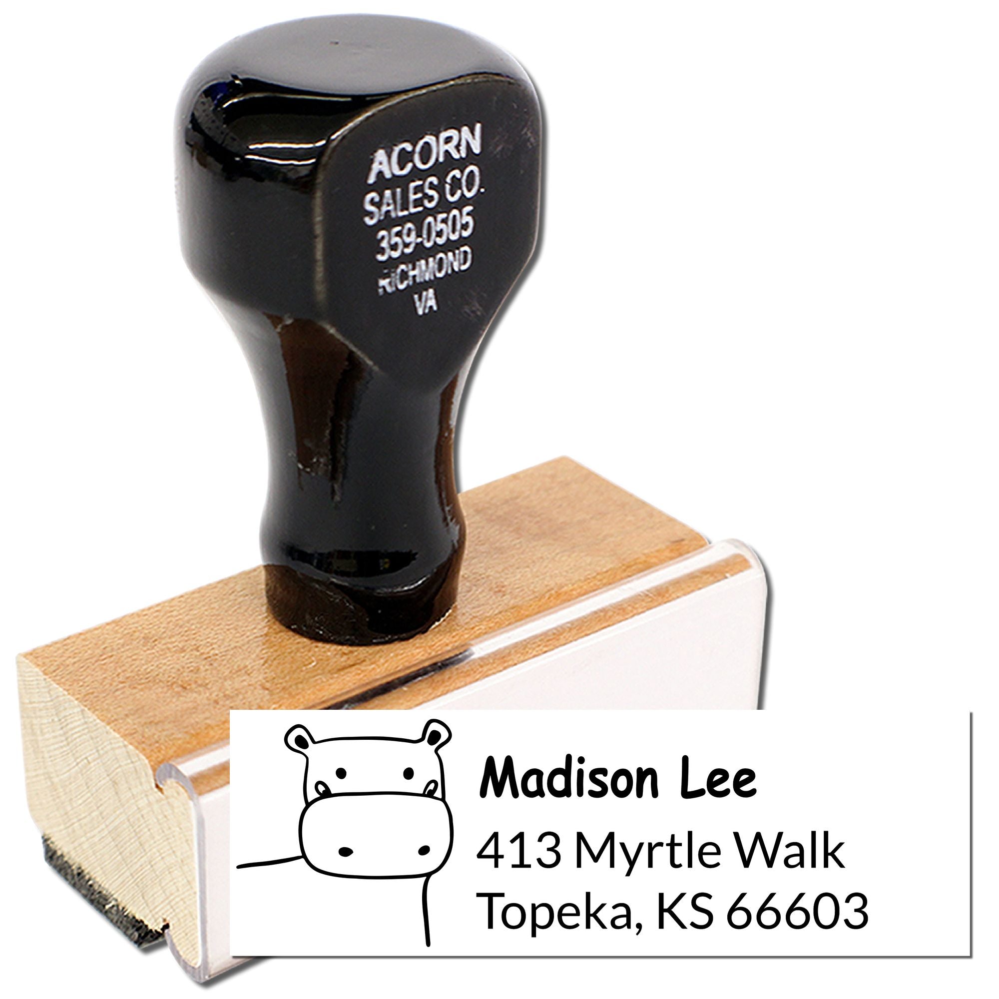 Custom return address rubber stamp with wood handle and hippo design, personalized for Madison Lee in Topeka, KS.