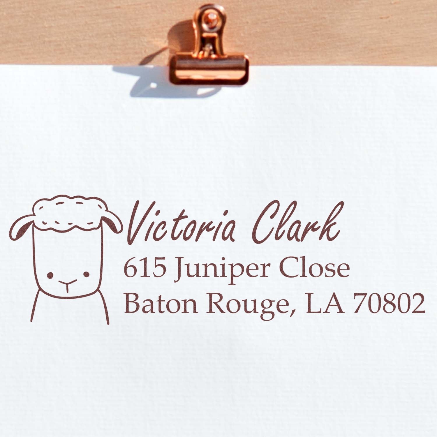 Personalized custom rubber return address stamp with sheep icon for Victoria Clark, Baton Rouge, LA 70802