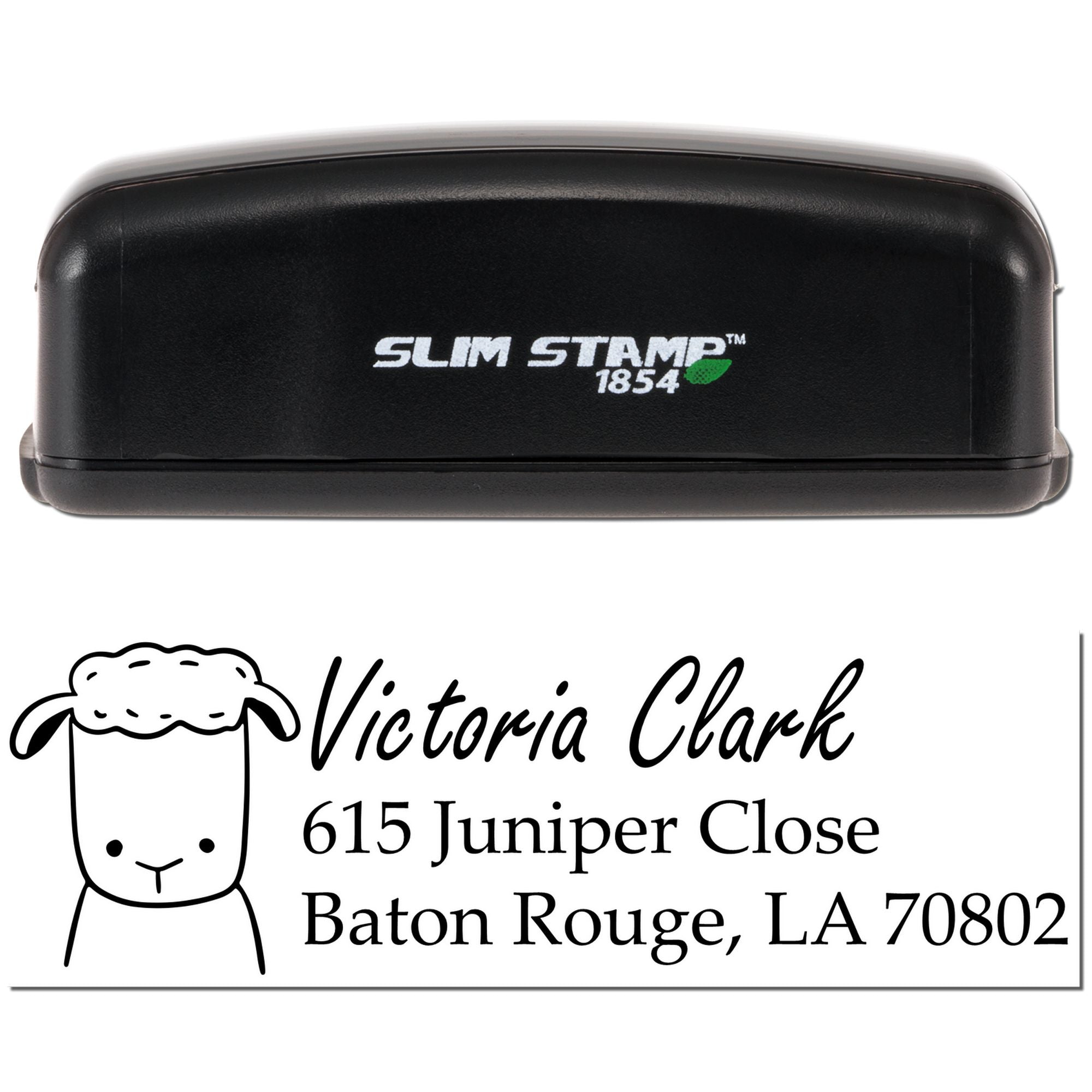 Custom Slim Stamp self-inking address stamp for Victoria Clark, 615 Juniper Close, Baton Rouge, LA 70802.