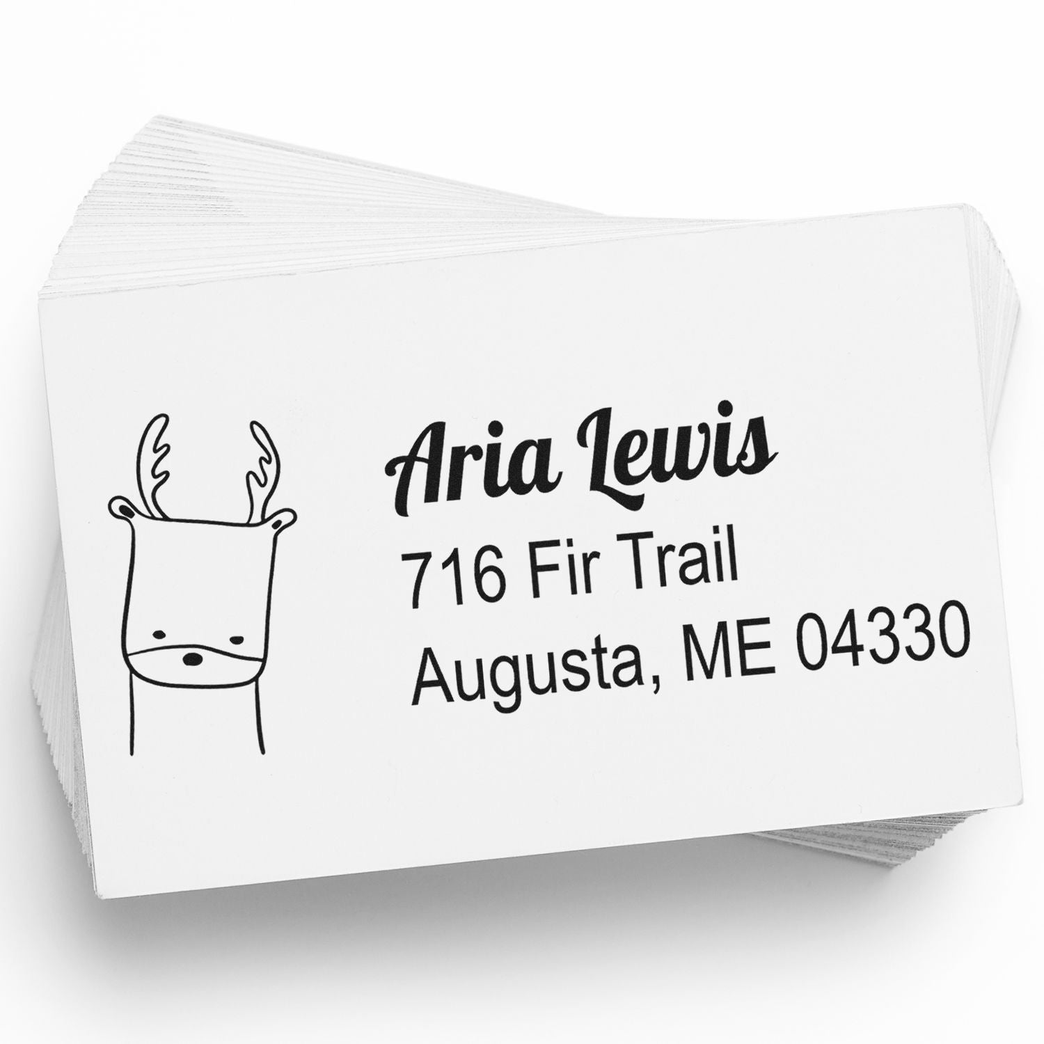 Custom return address rubber stamp with deer icon, Aria Lewis, 716 Fir Trail, Augusta, ME 04330