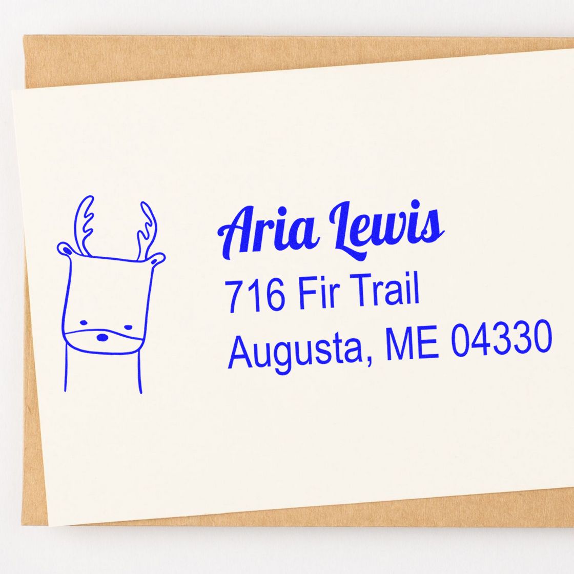 Personalized deer return address rubber stamp for Aria Lewis, 716 Fir Trail, Augusta, ME 04330.
