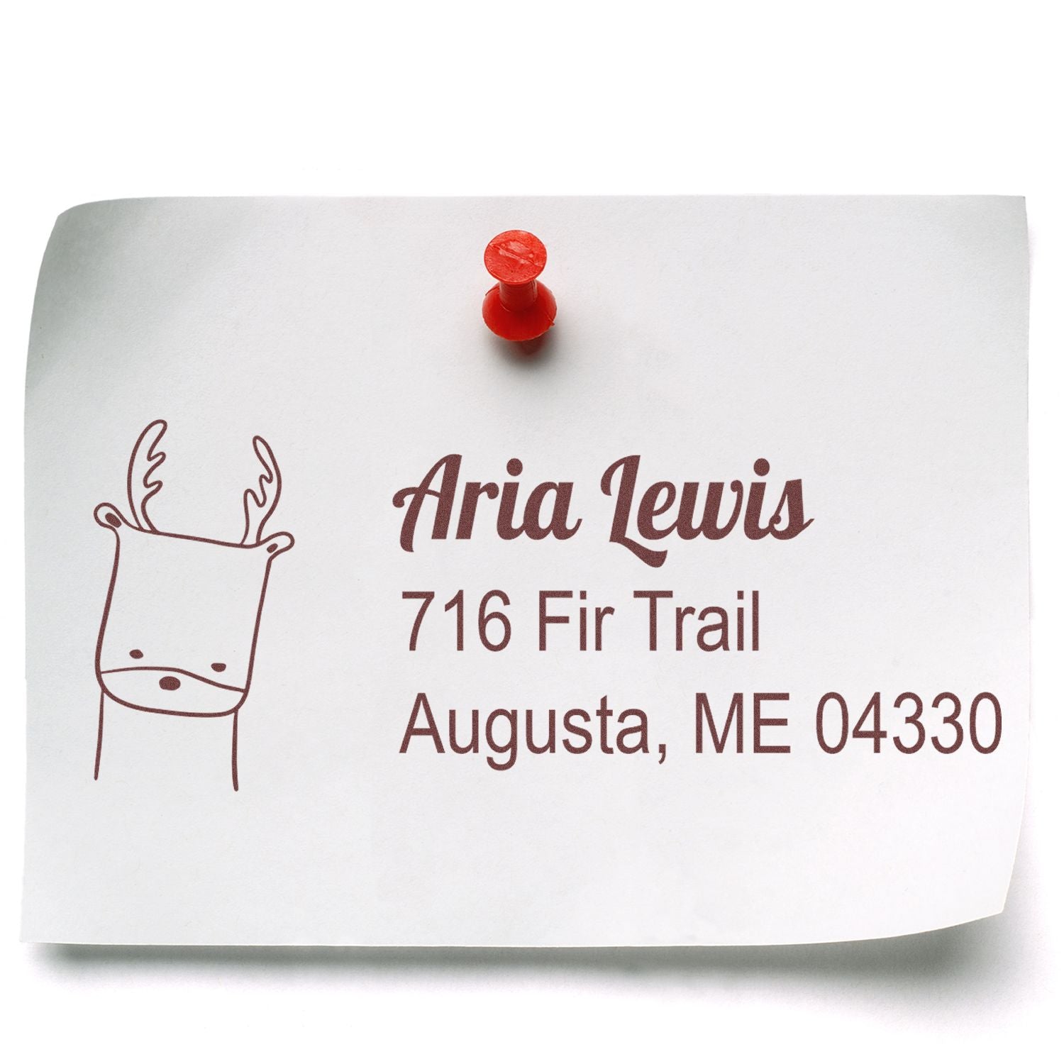 Custom rubber address stamp with deer logo for Aria Lewis, 716 Fir Trail, Augusta, ME 04330