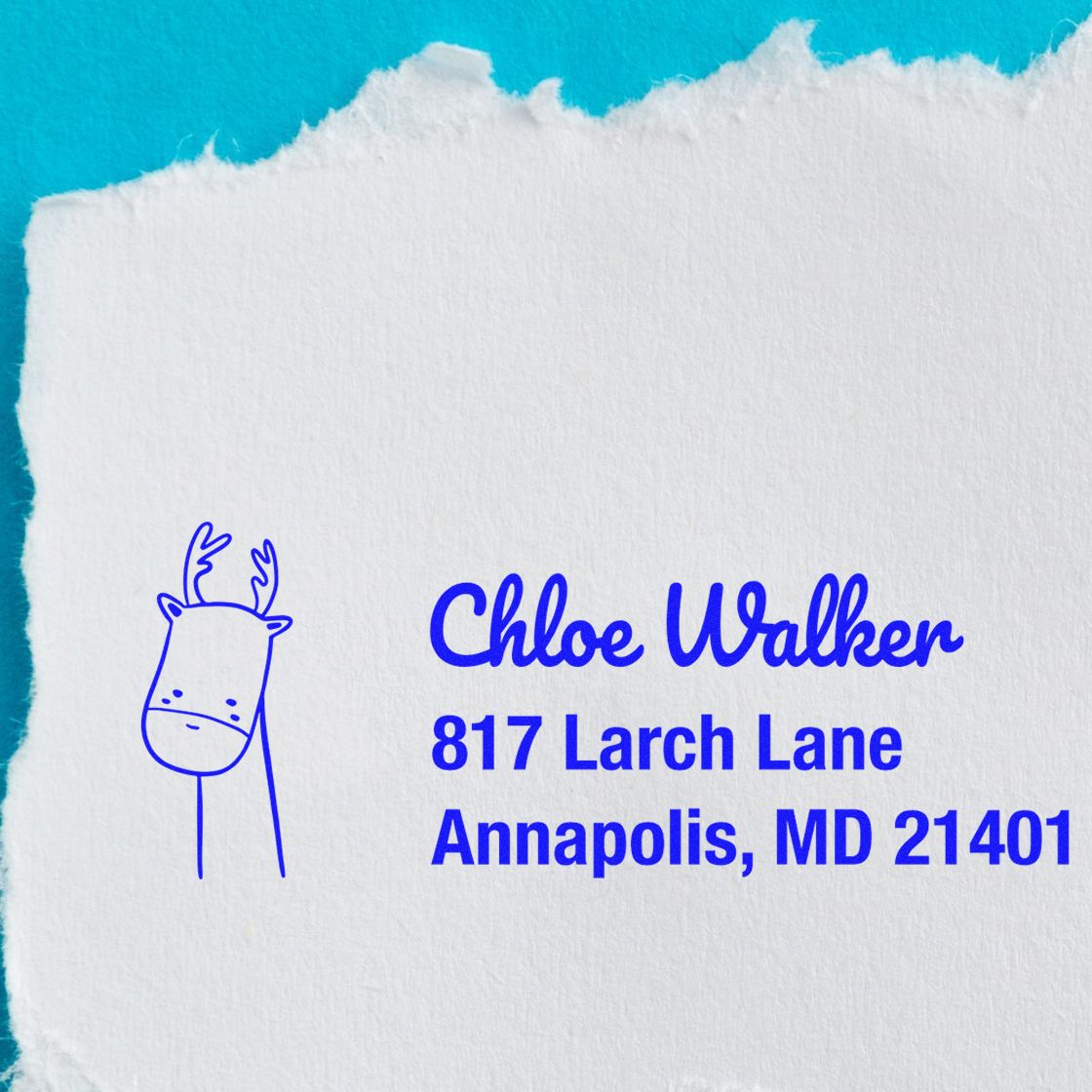 Custom return address rubber stamp with deer icon for Chloe Walker, 817 Larch Lane, Annapolis, MD 21401.