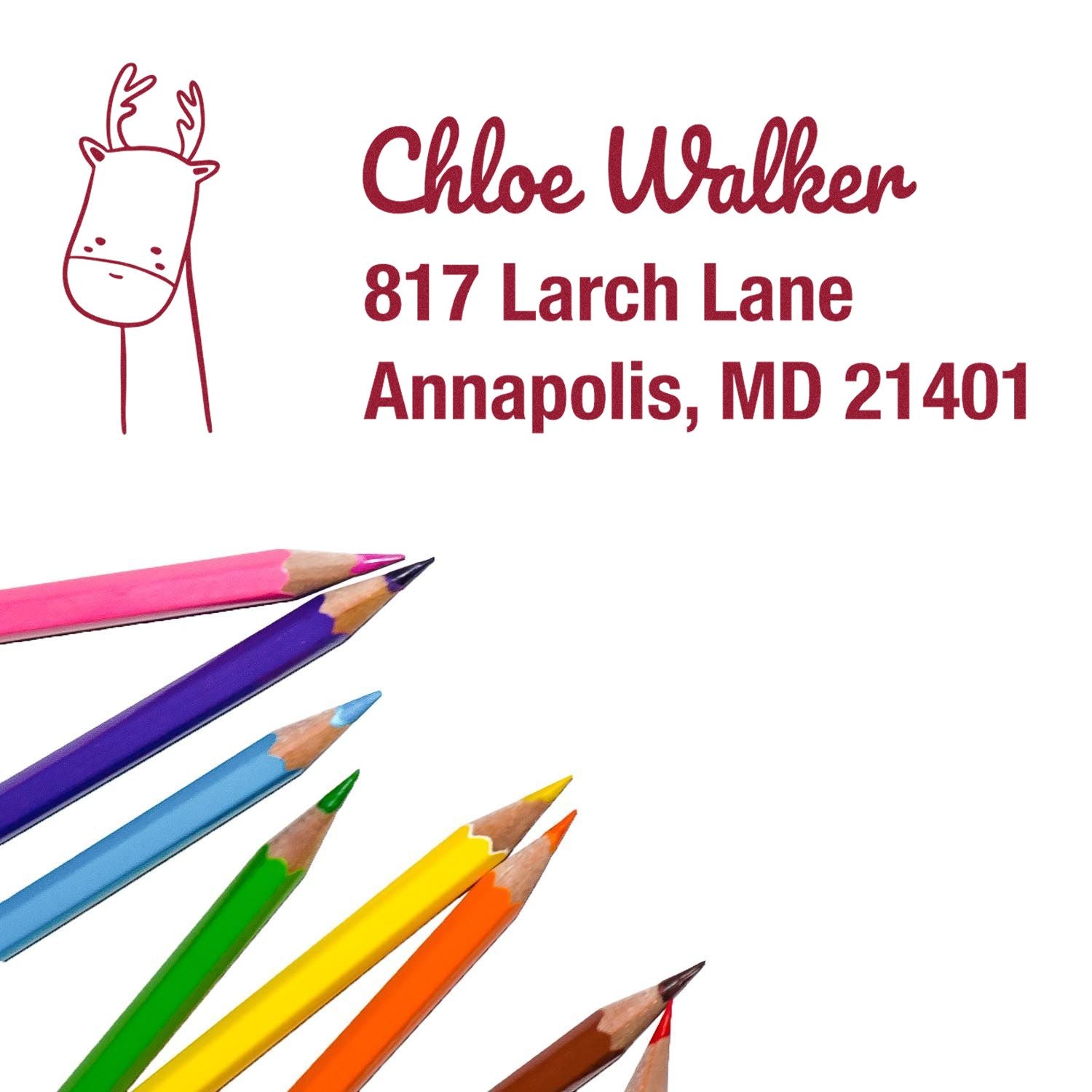Custom return address rubber stamp with deer icon, Chloe Walker name, and Annapolis, MD address in maroon.