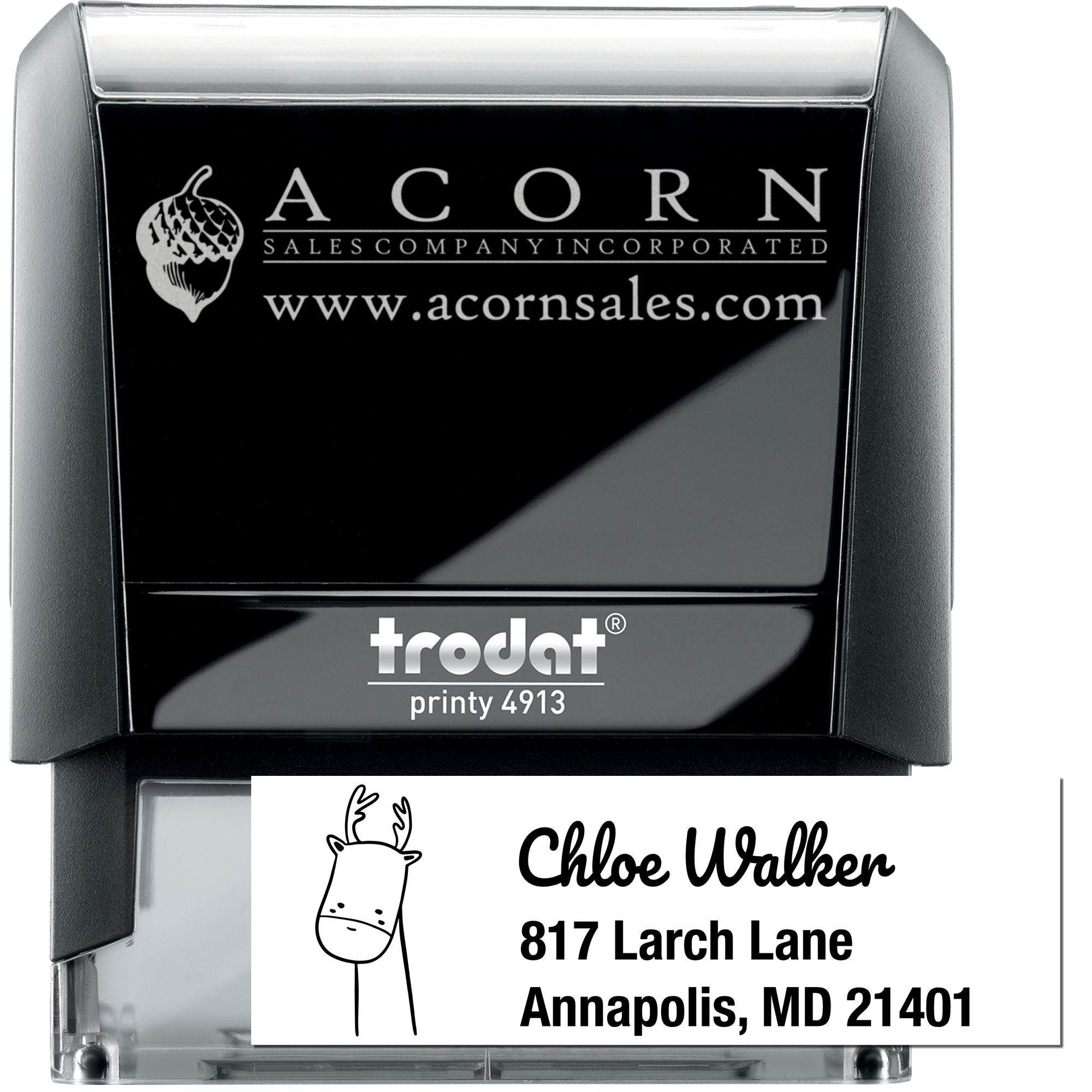 Trodat Printy self-inking rubber stamp with custom Acorn Sales Company logo and personalized address imprint.