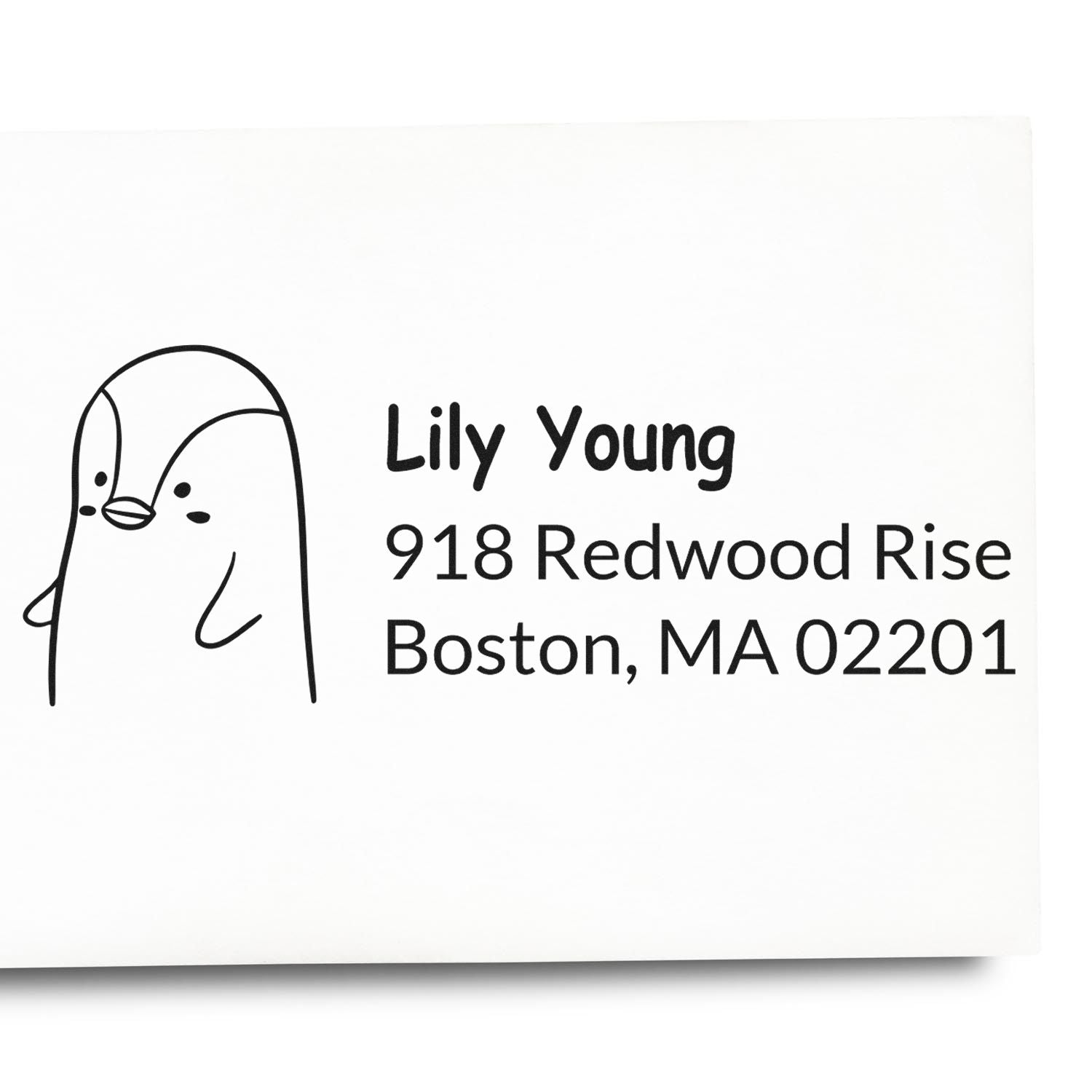 Custom penguin return address rubber stamp for Lily Young, 918 Redwood Rise, Boston, MA 02201.