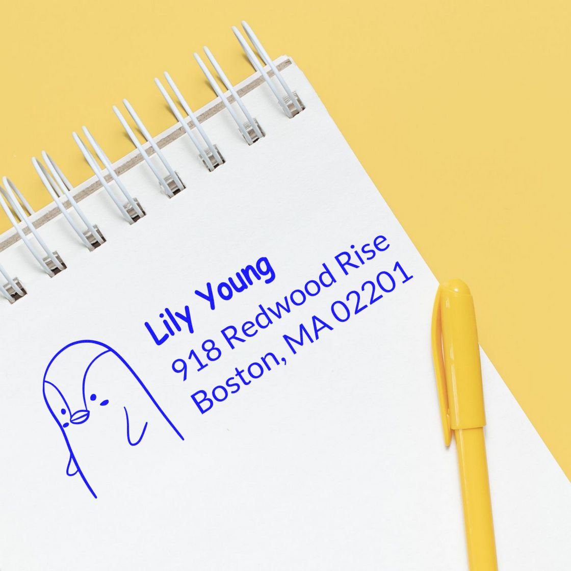 Custom rubber address stamp with penguin logo for Lily Young, Boston MA, ideal for mailing and branding.