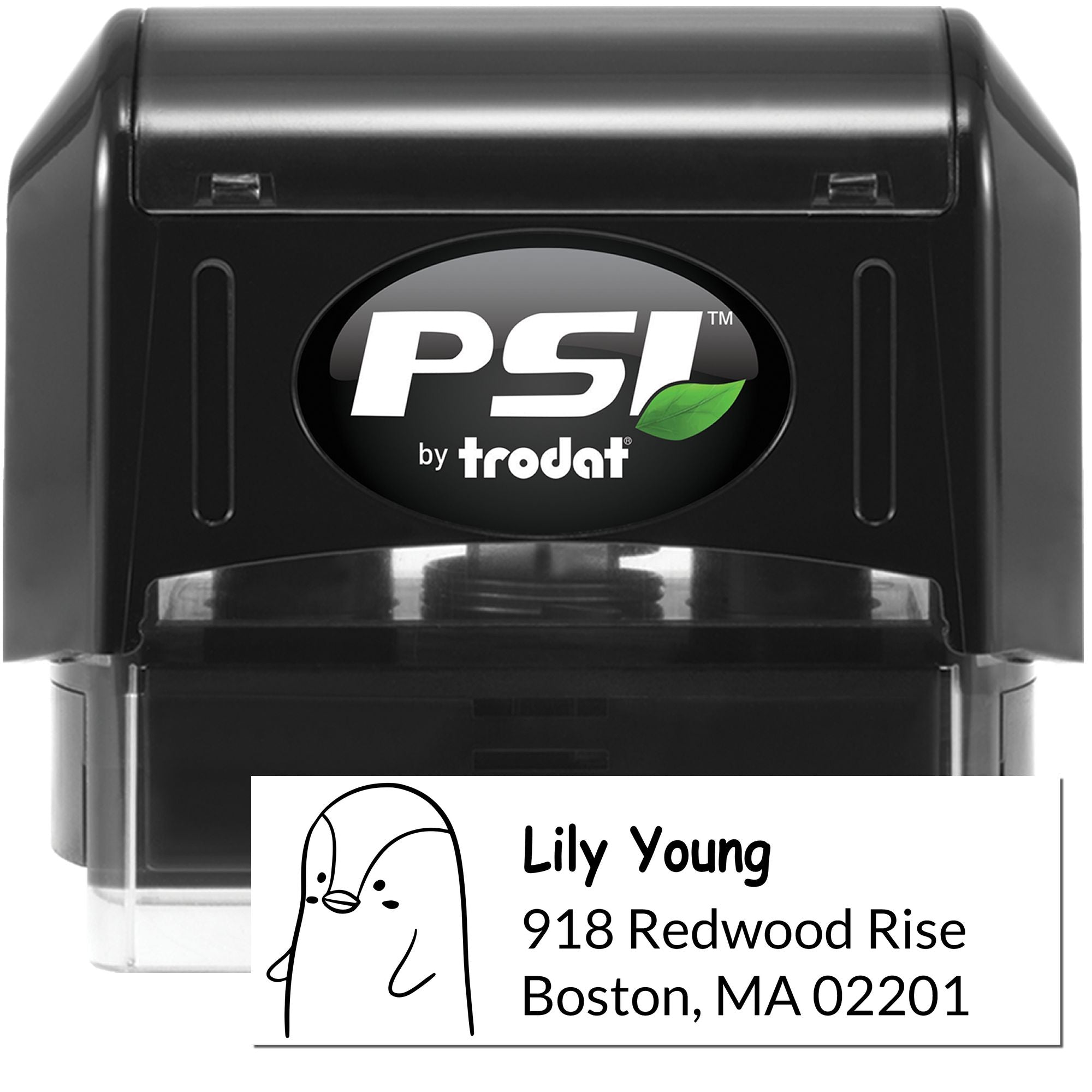 PSI by Trodat self-inking rubber stamp with custom address imprint and penguin icon for personalized mailing labels.