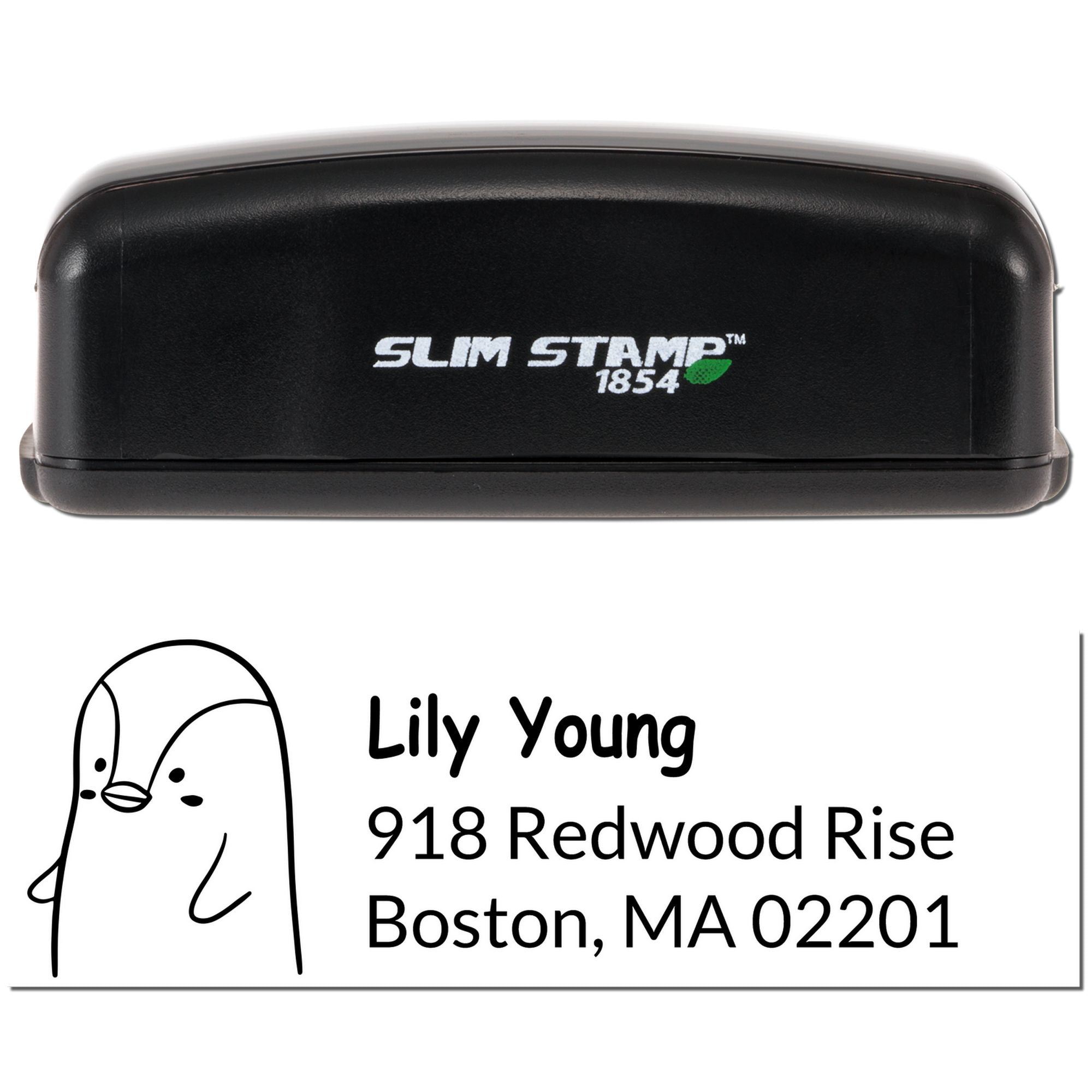 Slim Stamp 1854 custom self-inking return address rubber stamp with penguin design, for Lily Young in Boston, MA.