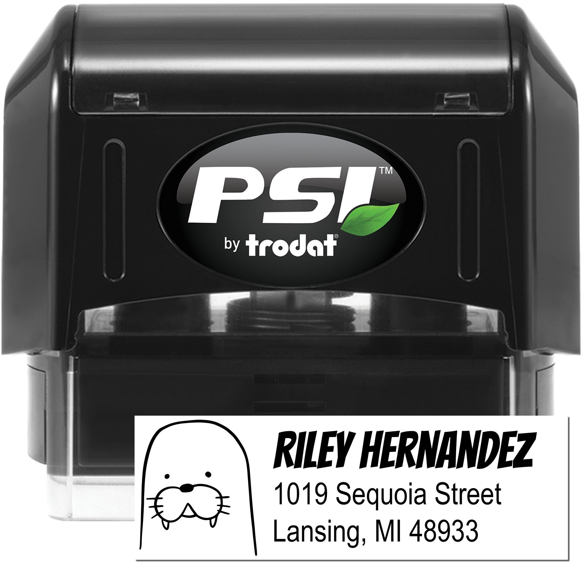 PSI by Trodat self-inking rubber stamp with custom pet address stamp design for Riley Hernandez, Lansing, MI
