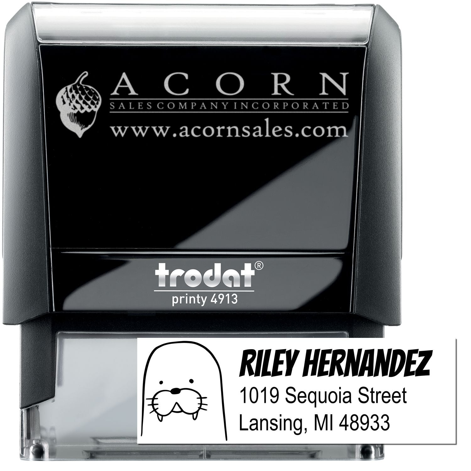 Custom self-inking rubber address stamp with logo, Trodat Printy 4913, for business mailing and return addresses.