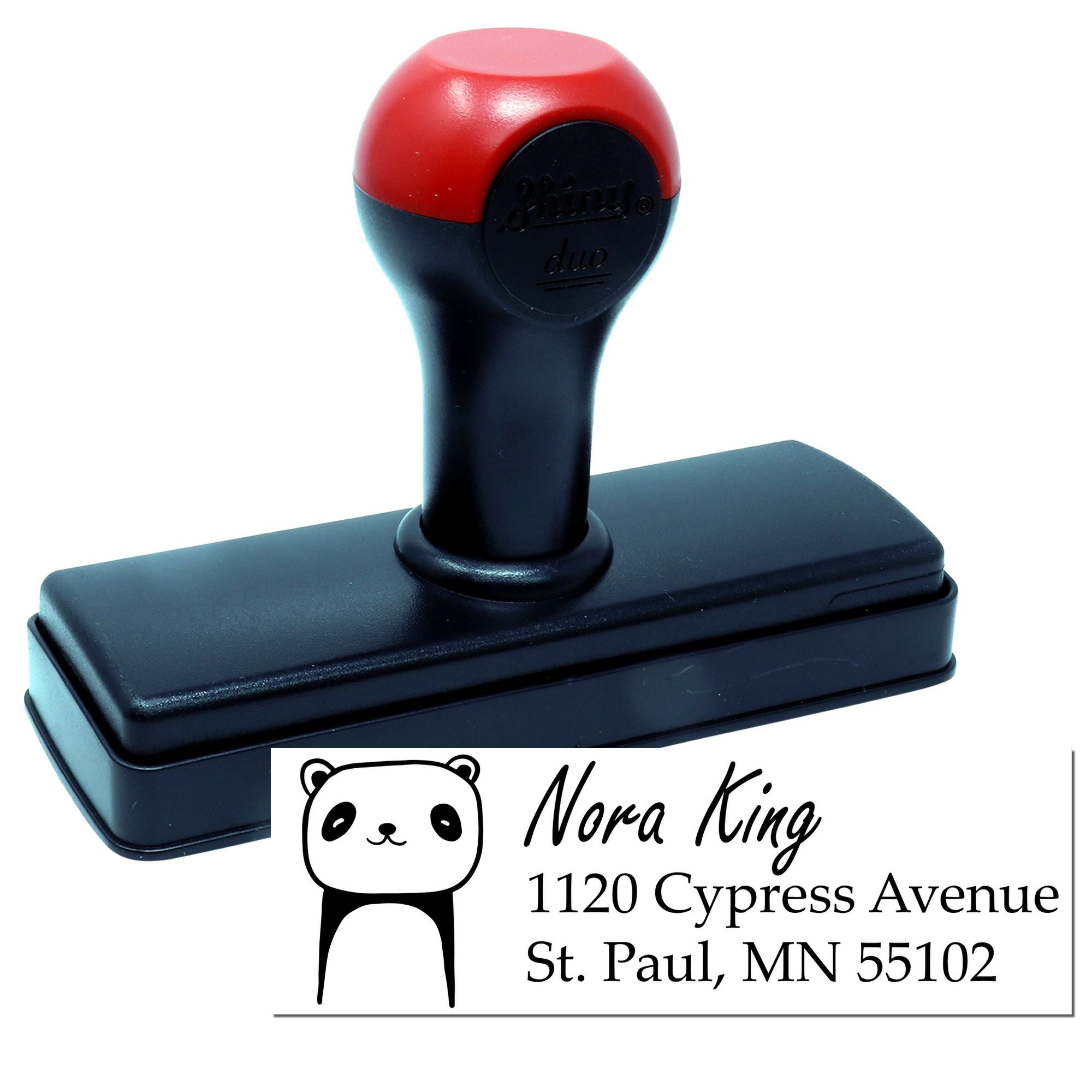 Custom self-inking rubber stamp with panda logo and address imprint for business mailing and branding