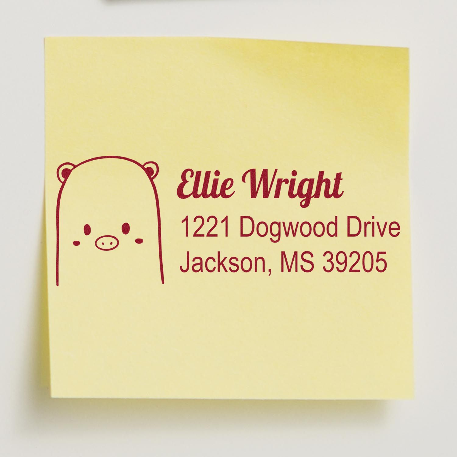 Personalized bear return address rubber stamp for Ellie Wright, with Jackson, MS address.