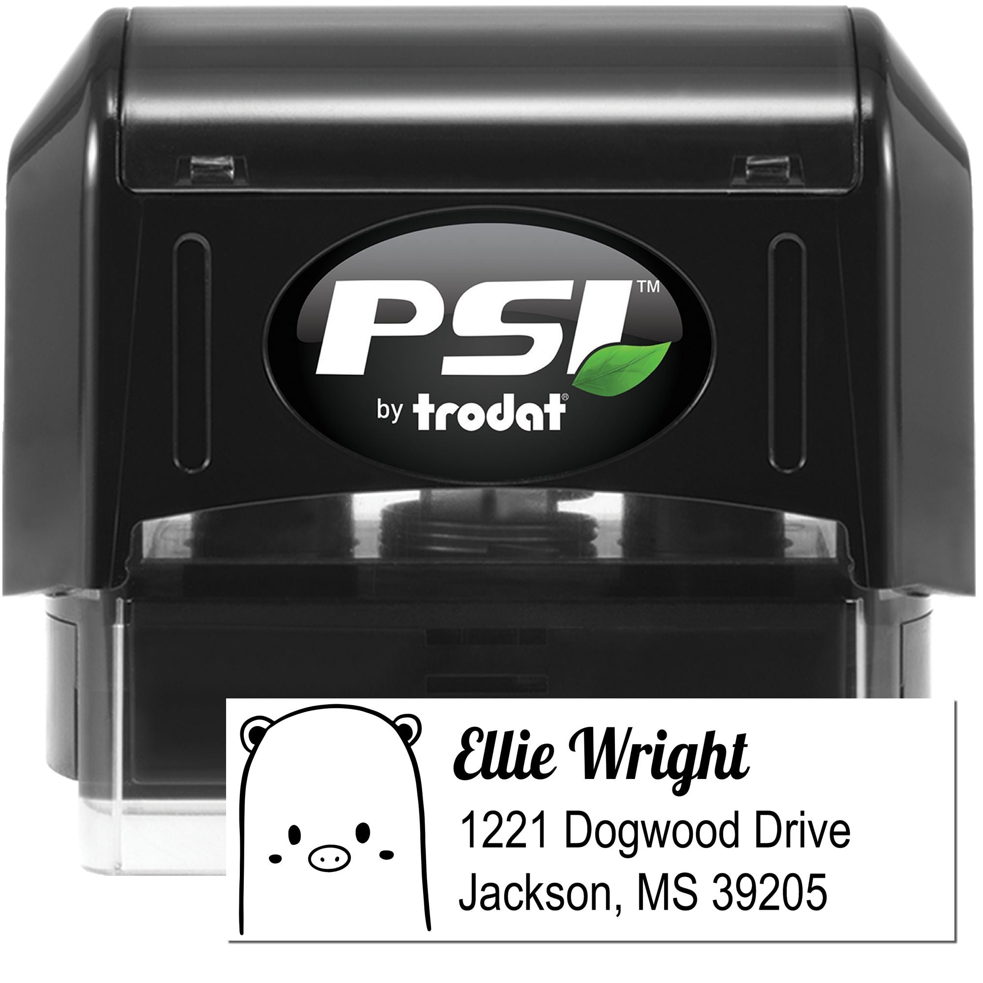 PSI by Trodat self-inking rubber stamp with custom address design and bear icon for mailing, labeling, and home use.