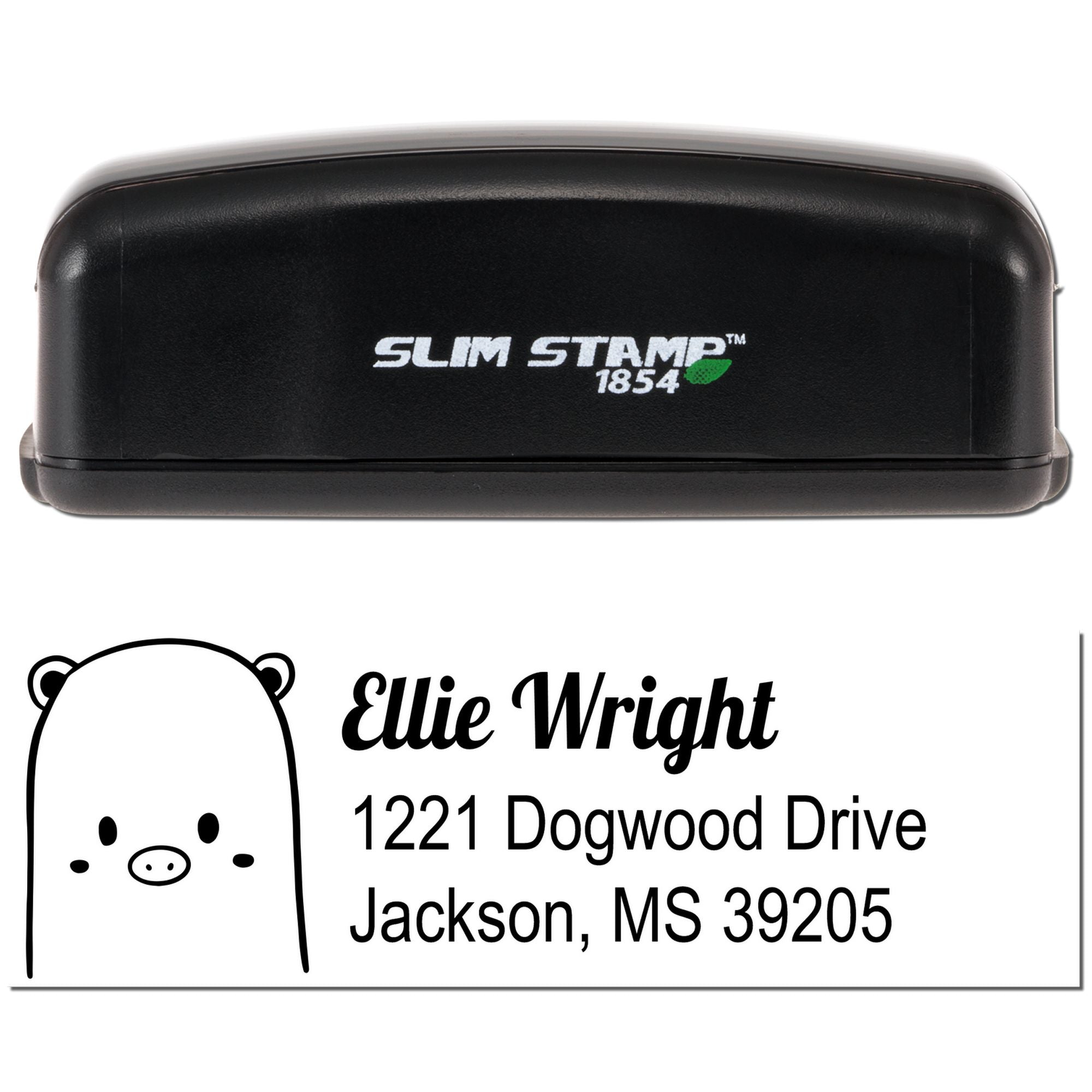Custom bear address rubber stamp with Slim Stamp 1854 self-inking design for Ellie Wright, Jackson, MS 39205