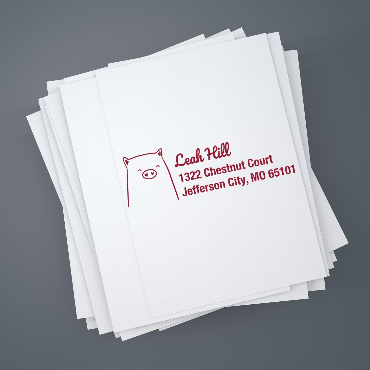 Custom return address rubber stamp with pig icon on white envelopes, featuring name and address for personalized mailing.