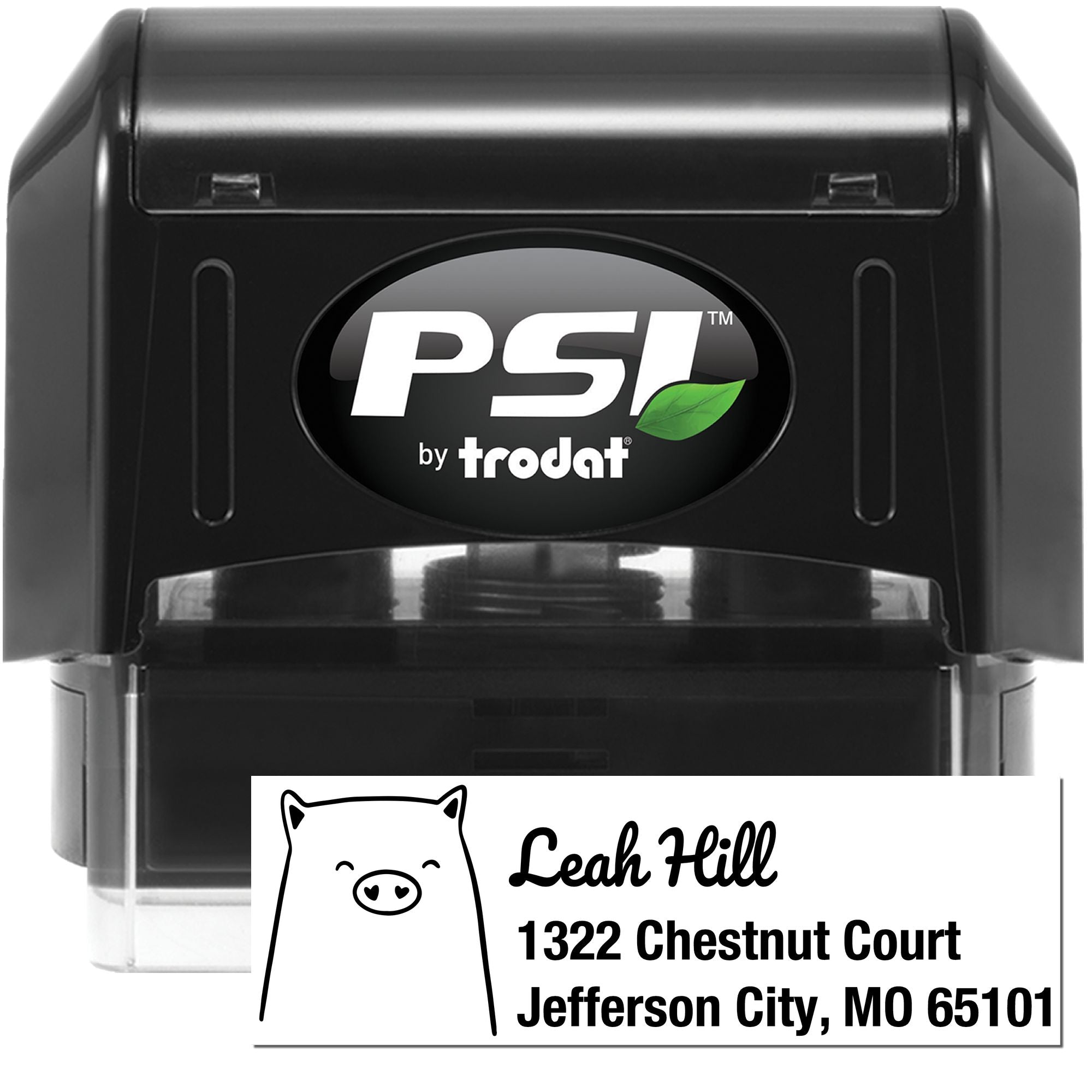 PSI by Trodat self-inking custom address rubber stamp with pig logo for Leah Hill, 1322 Chestnut Court, Jefferson City, MO