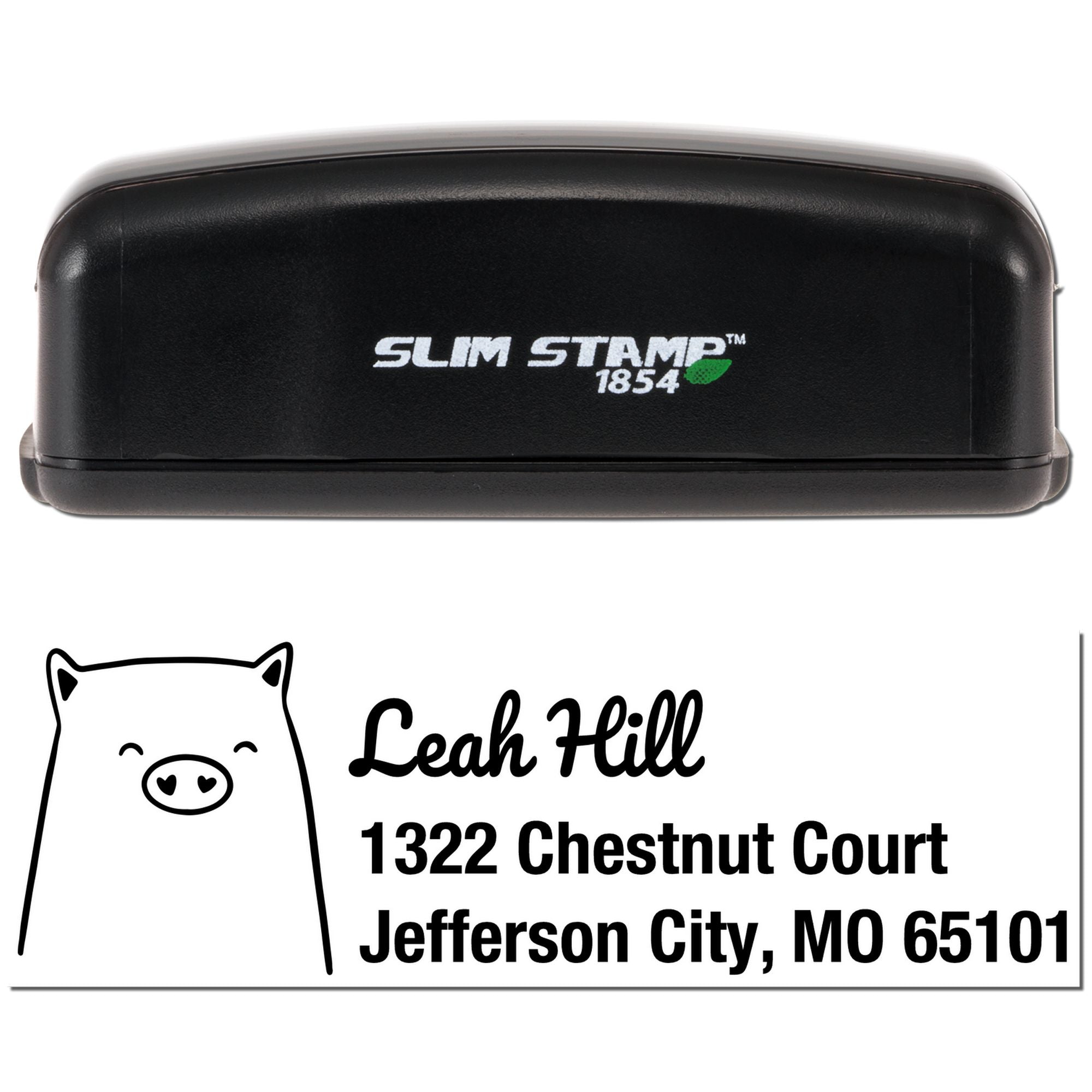 Custom self-inking return address rubber stamp with pig logo for Leah Hill, Jefferson City, MO 65101.