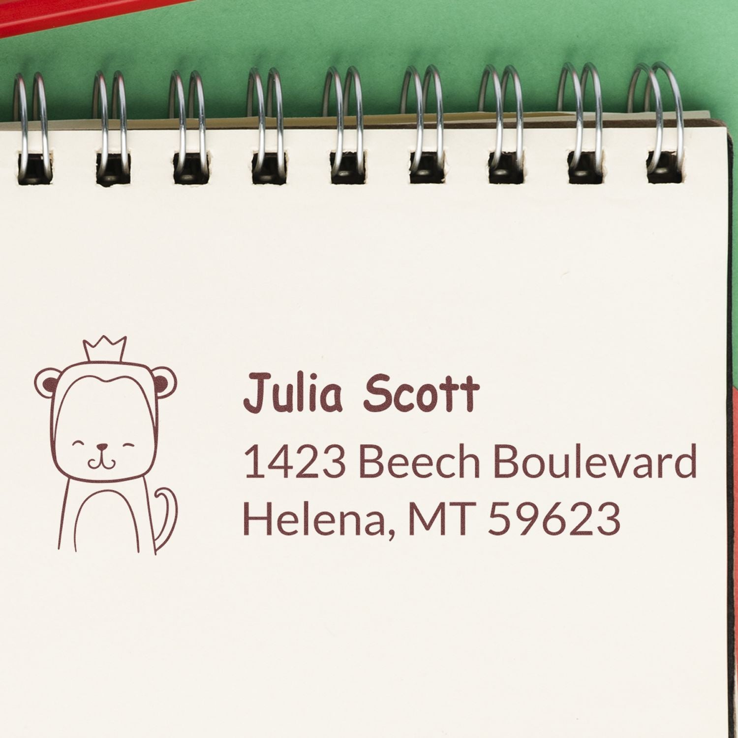 Personalized rubber stamp return address design with cat icon for Julia Scott, Helena, MT 59623.