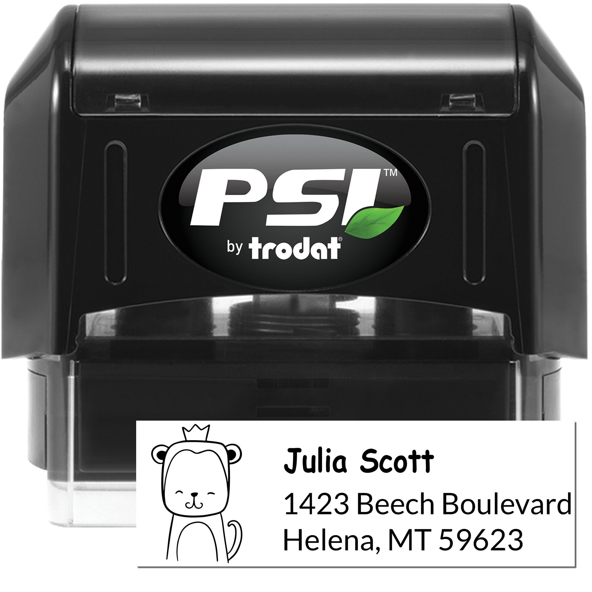 Custom self-inking address rubber stamp by PSI Trodat with bear icon, ideal for return address labels and mailing.