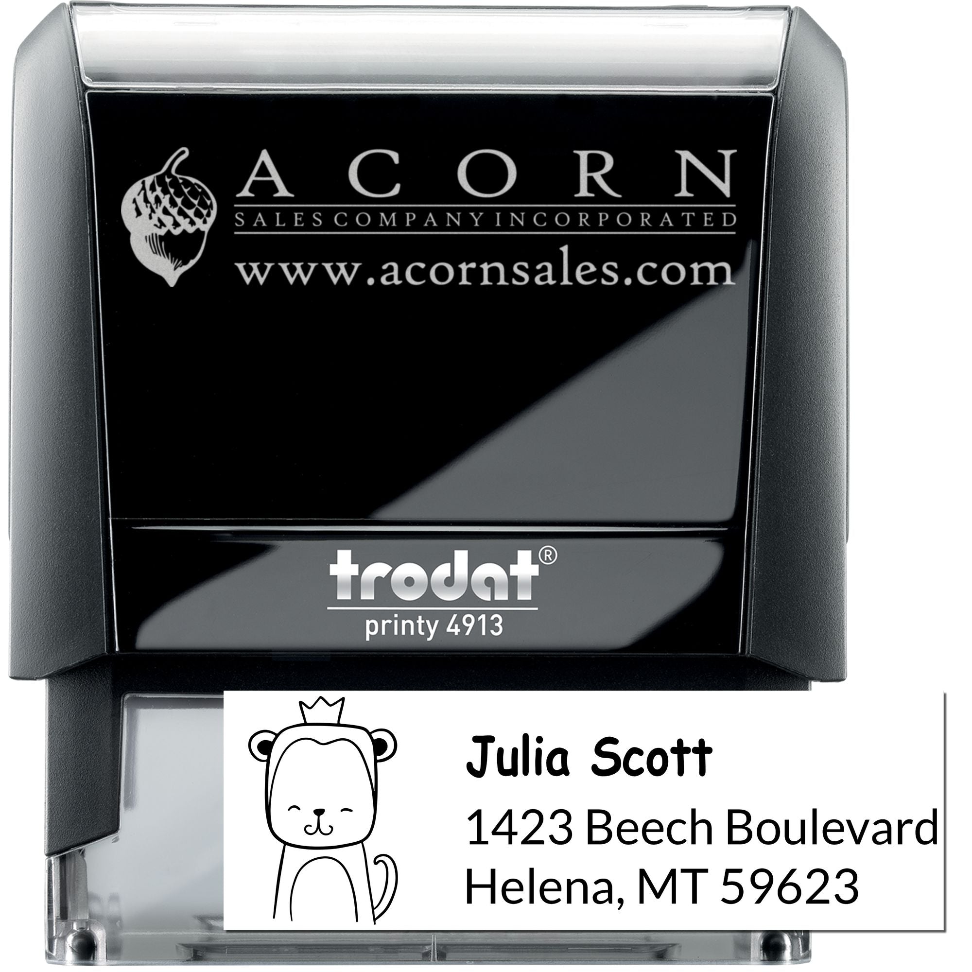 Custom self-inking rubber stamp with Acorn Sales Company logo and address for business branding and mailing use.