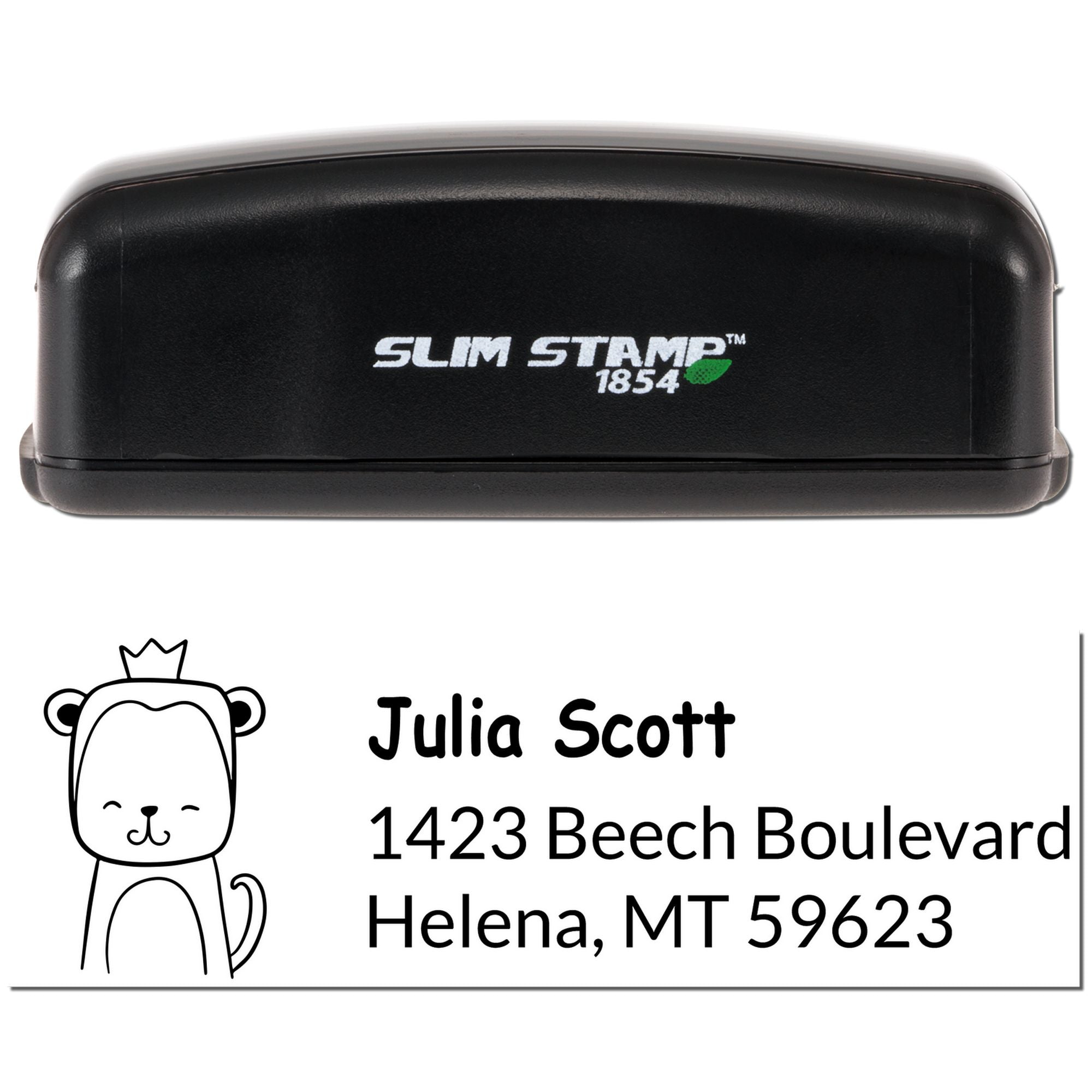 Custom self-inking rubber address stamp with bear design, name, and Helena, MT mailing address.