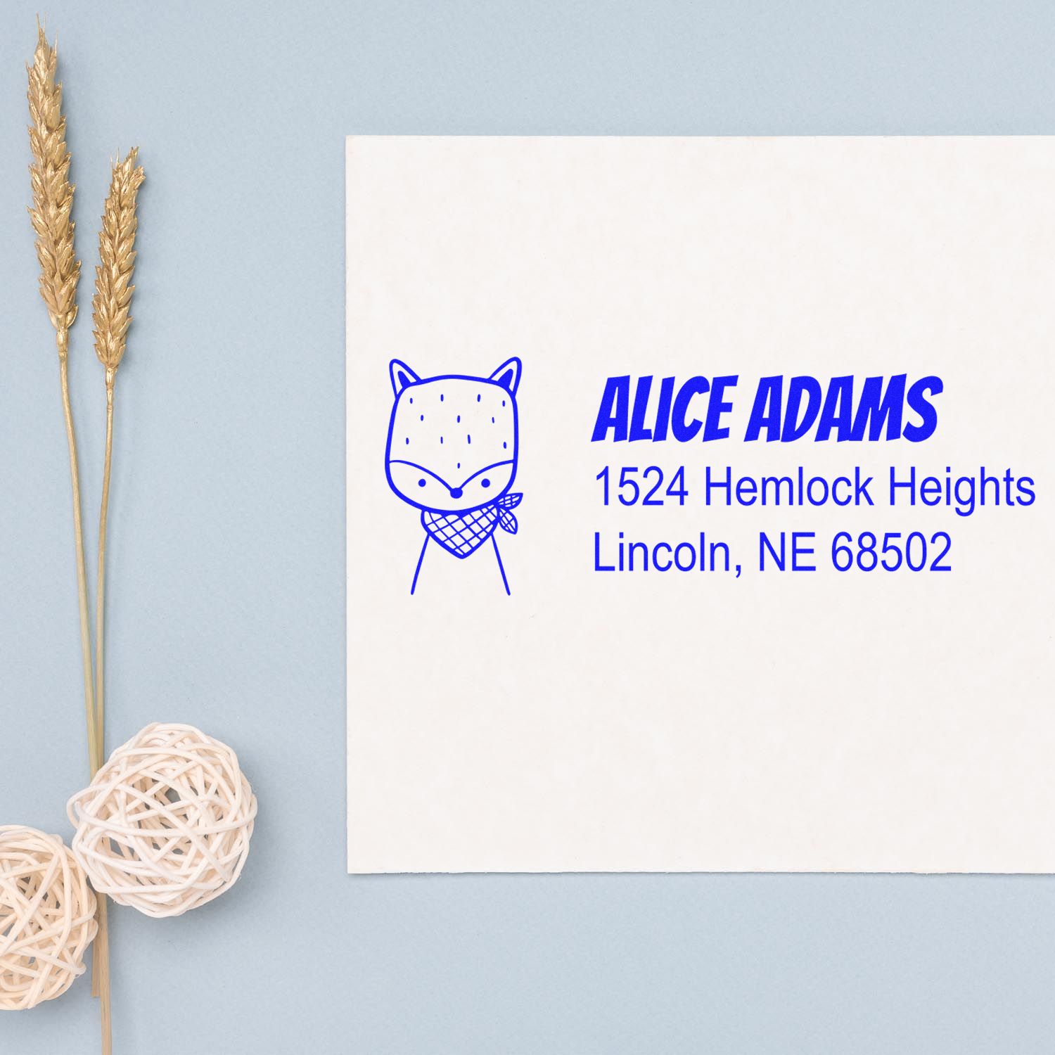 Custom fox return address rubber stamp for Alice Adams, Lincoln, NE 68502, in blue ink.