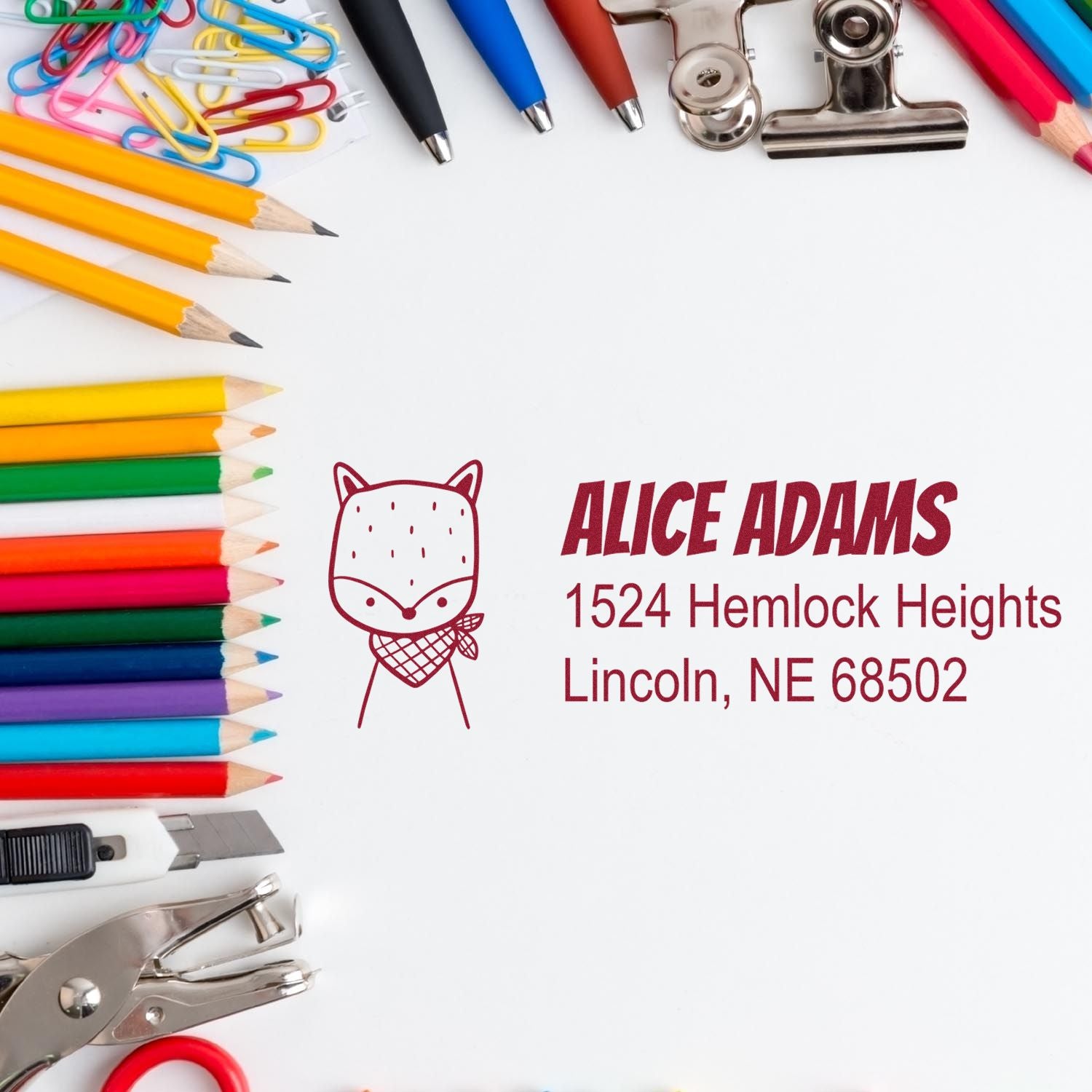 Custom rubber stamp mockup with fox icon and return address for Alice Adams, Lincoln, NE 68502.