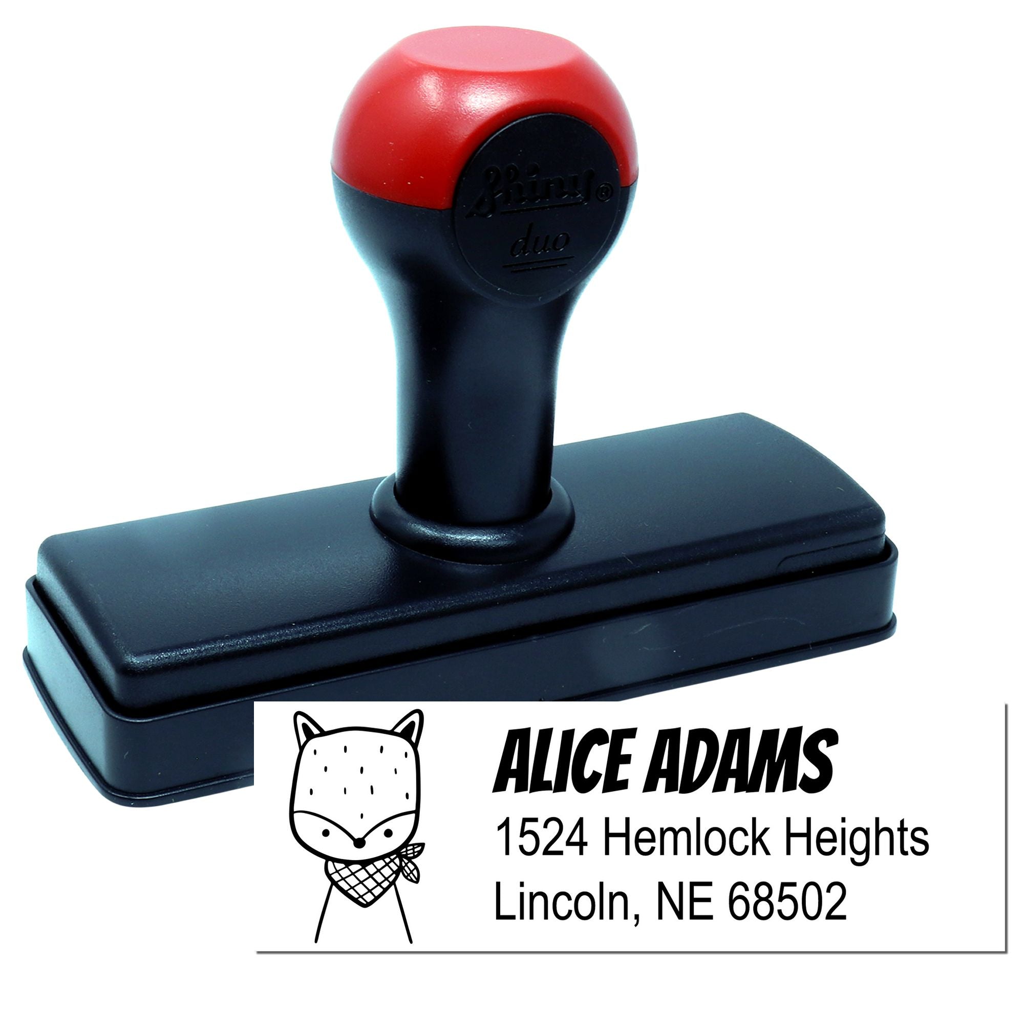Personalized self-inking rubber address stamp with custom name, logo, and Lincoln, NE return address.