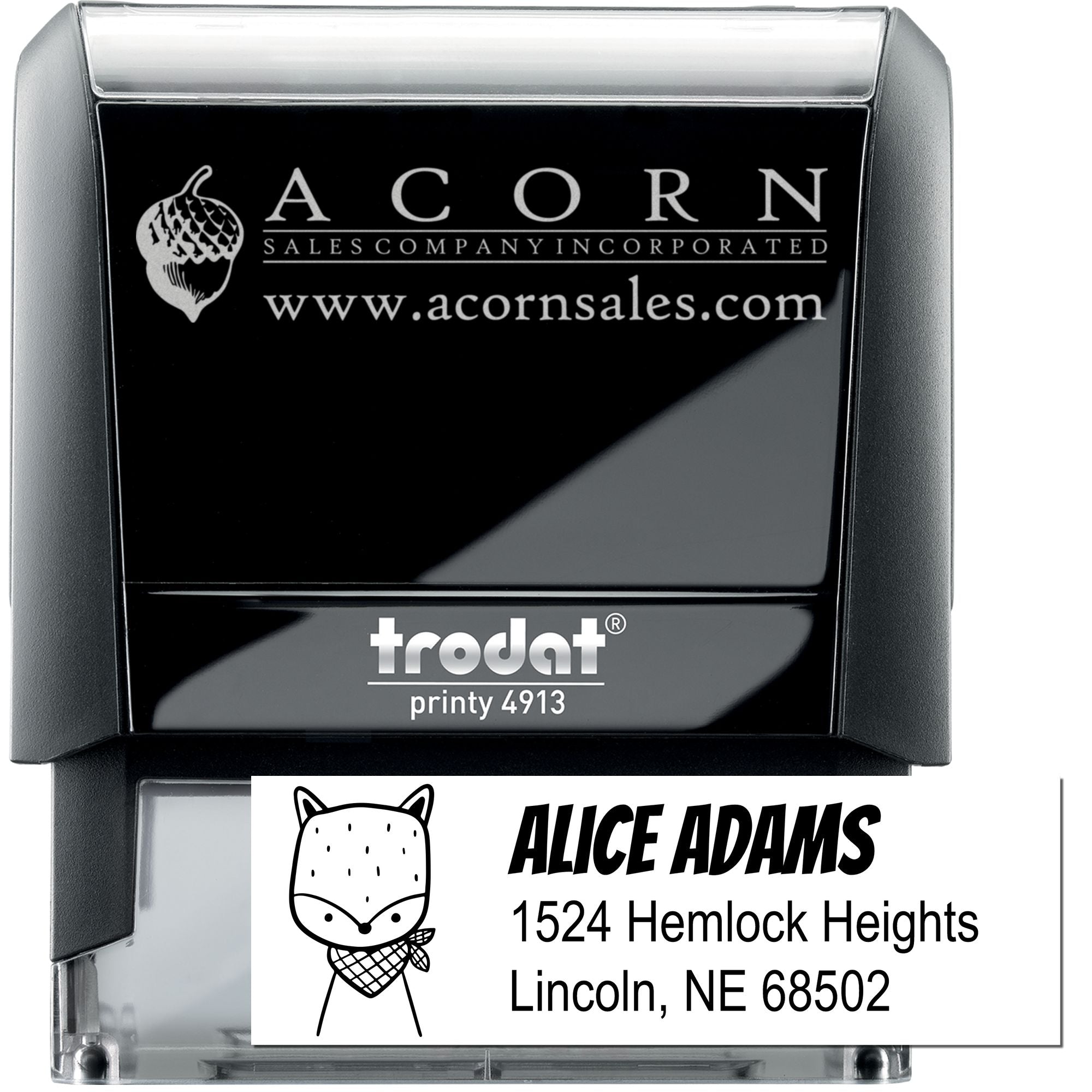 Trodat Printy 4913 self-inking rubber stamp with custom business logo and address, ideal for branding and mailing.