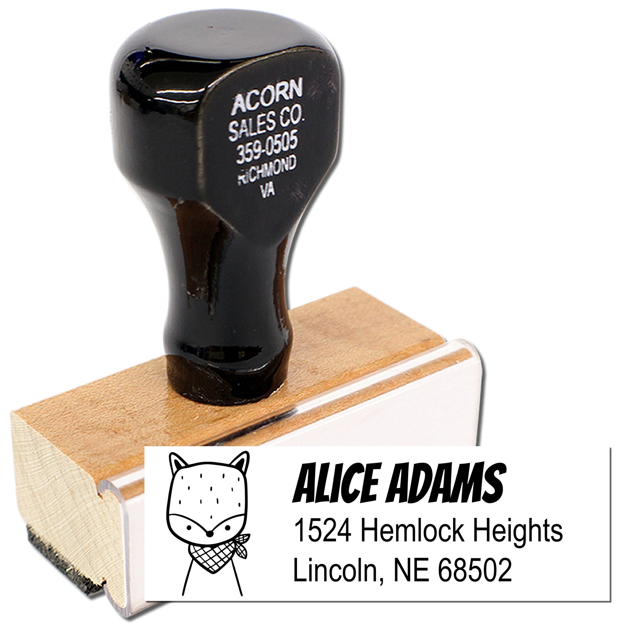 Custom return address rubber stamp with fox logo, Alice Adams, Lincoln, NE 68502.