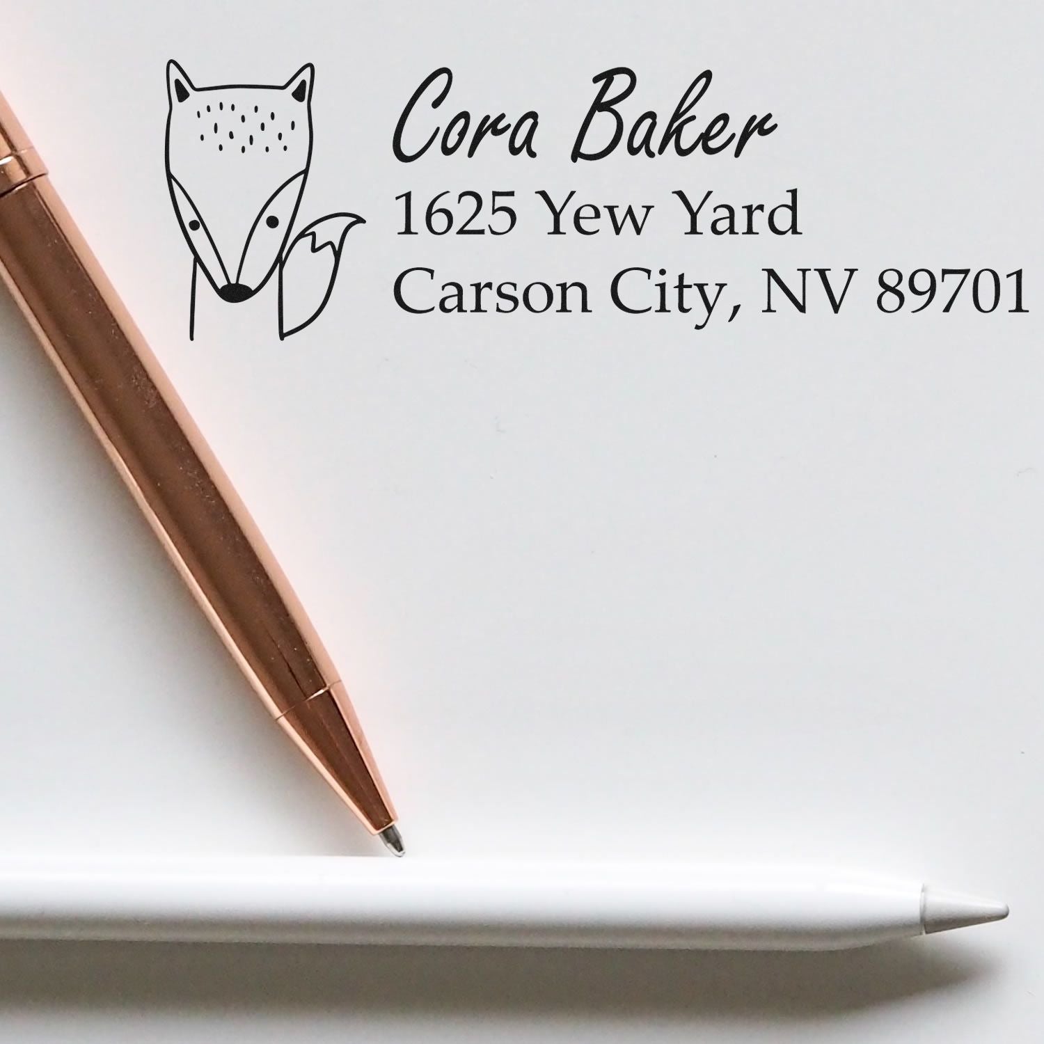 Custom fox return address rubber stamp for Cora Baker, 1625 Yew Yard, Carson City, NV 89701.