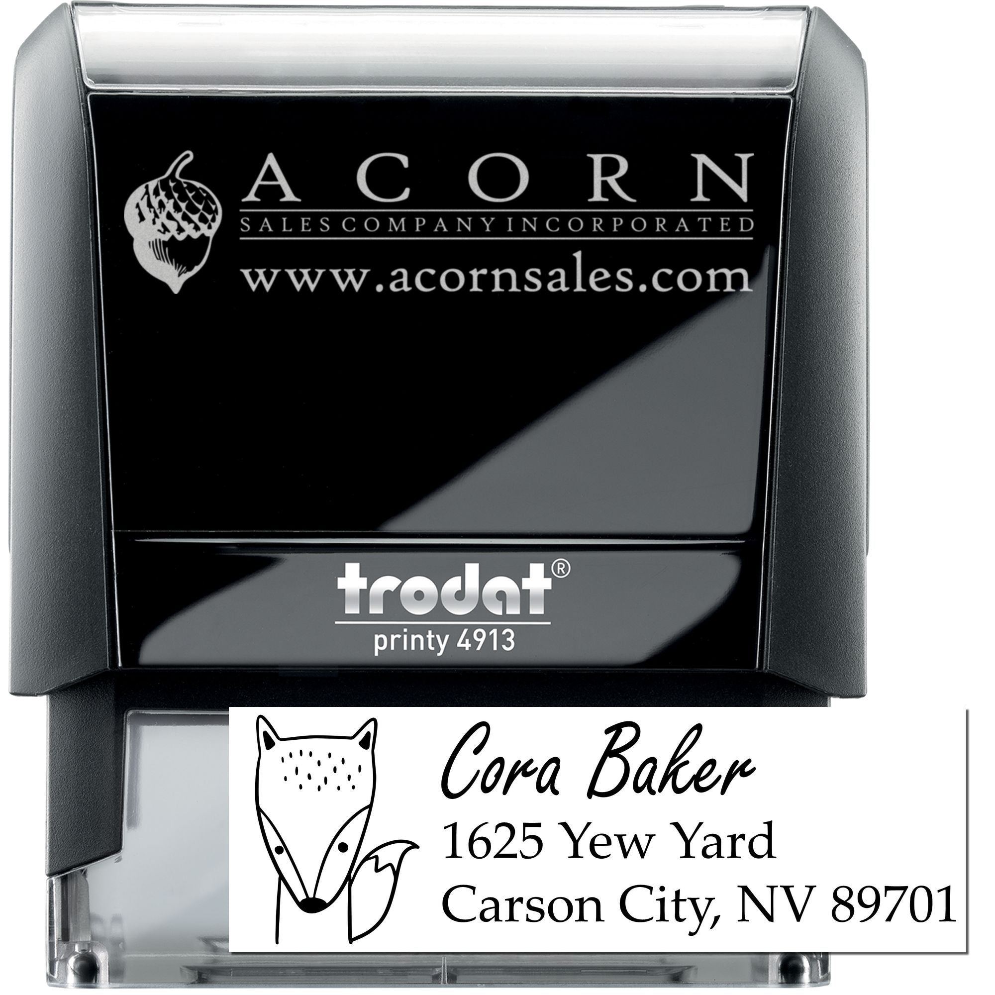 Custom self-inking rubber stamp with business logo and address, ideal for branded mailing and office use.