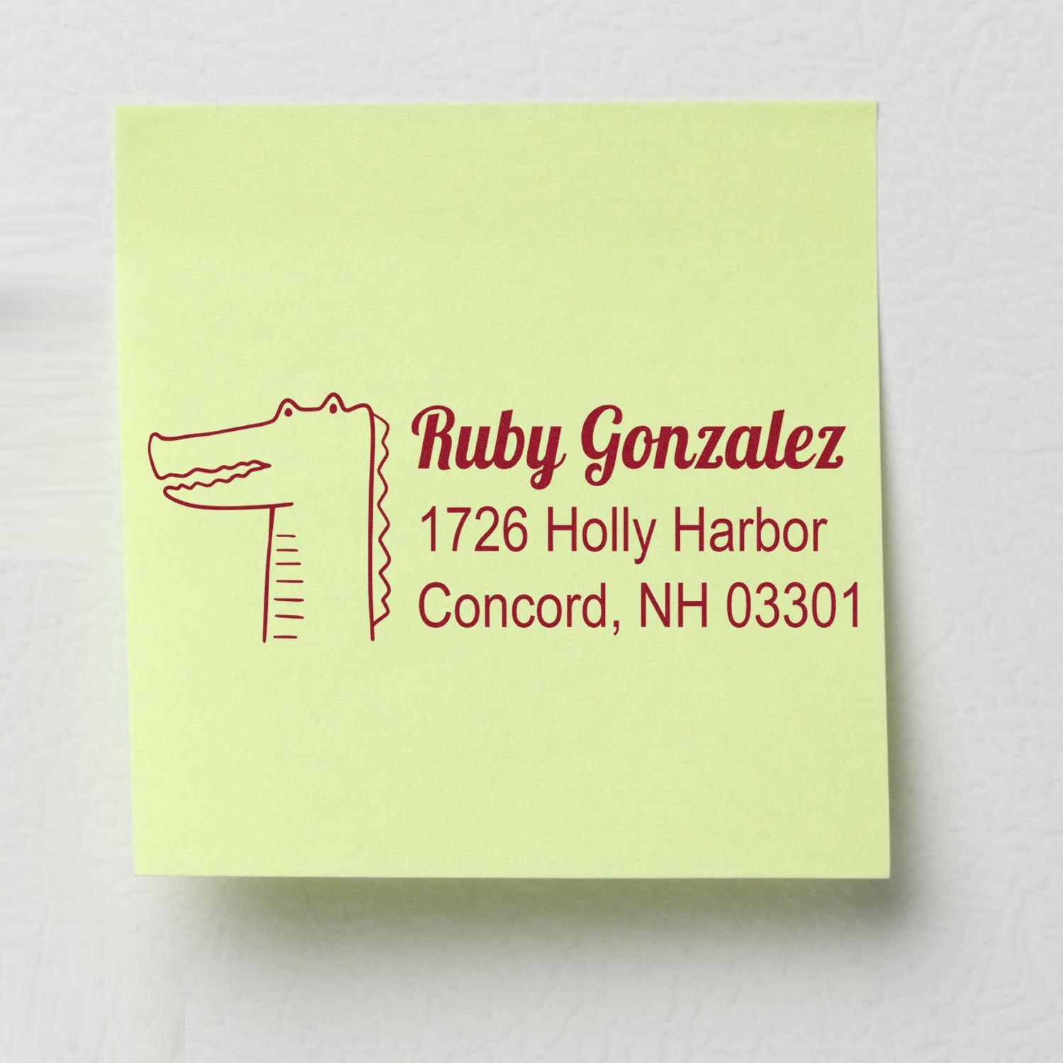 Custom rubber address stamp with alligator logo for Ruby Gonzalez, Concord, NH 03301