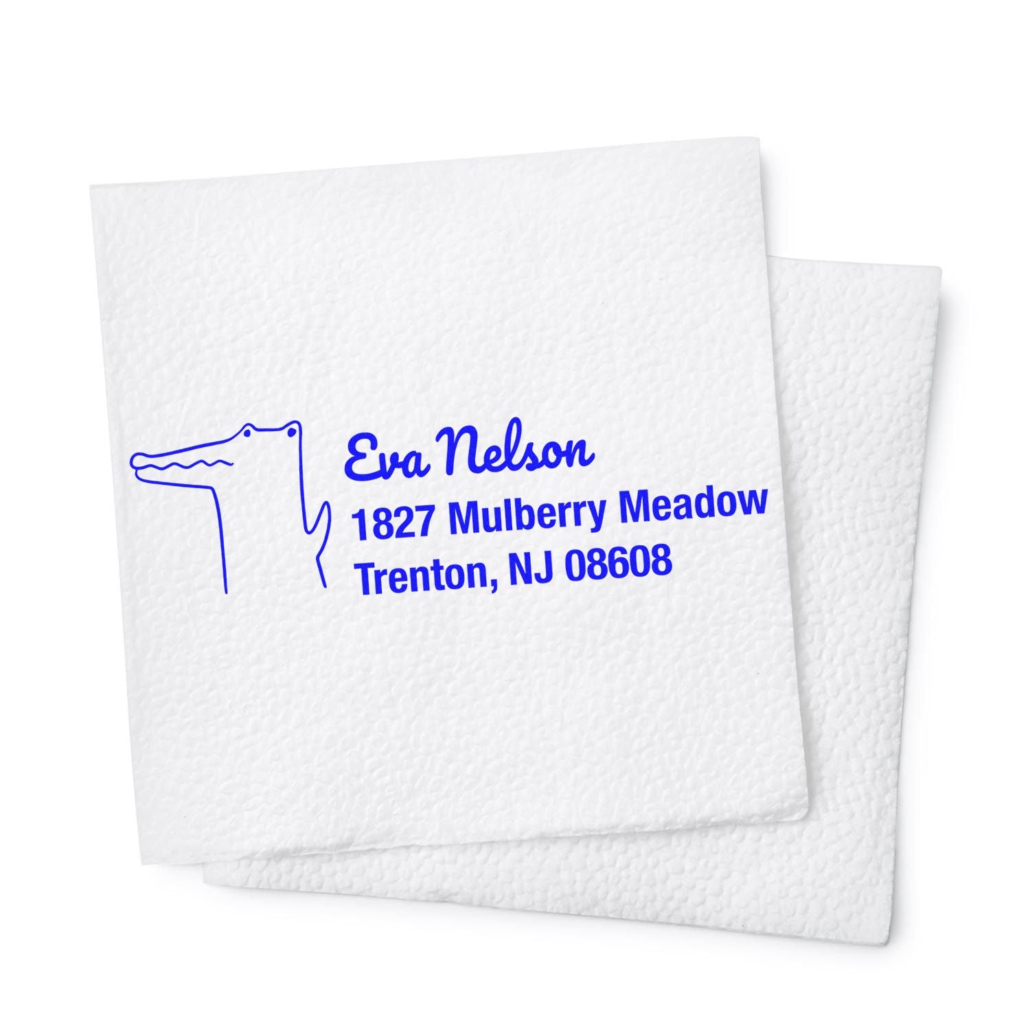 Custom alligator address rubber stamp for Eva Nelson, Trenton NJ 08608, ideal for personalized mailing and envelopes.