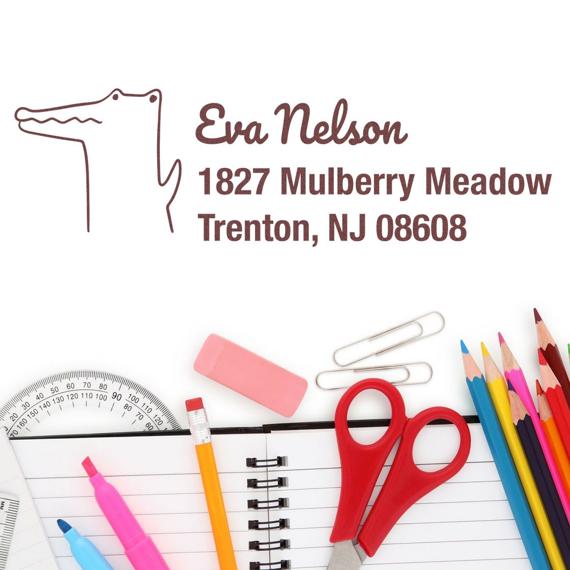 Custom dog-themed return address rubber stamp with name and Trenton, NJ address for personalized mail and stationery.