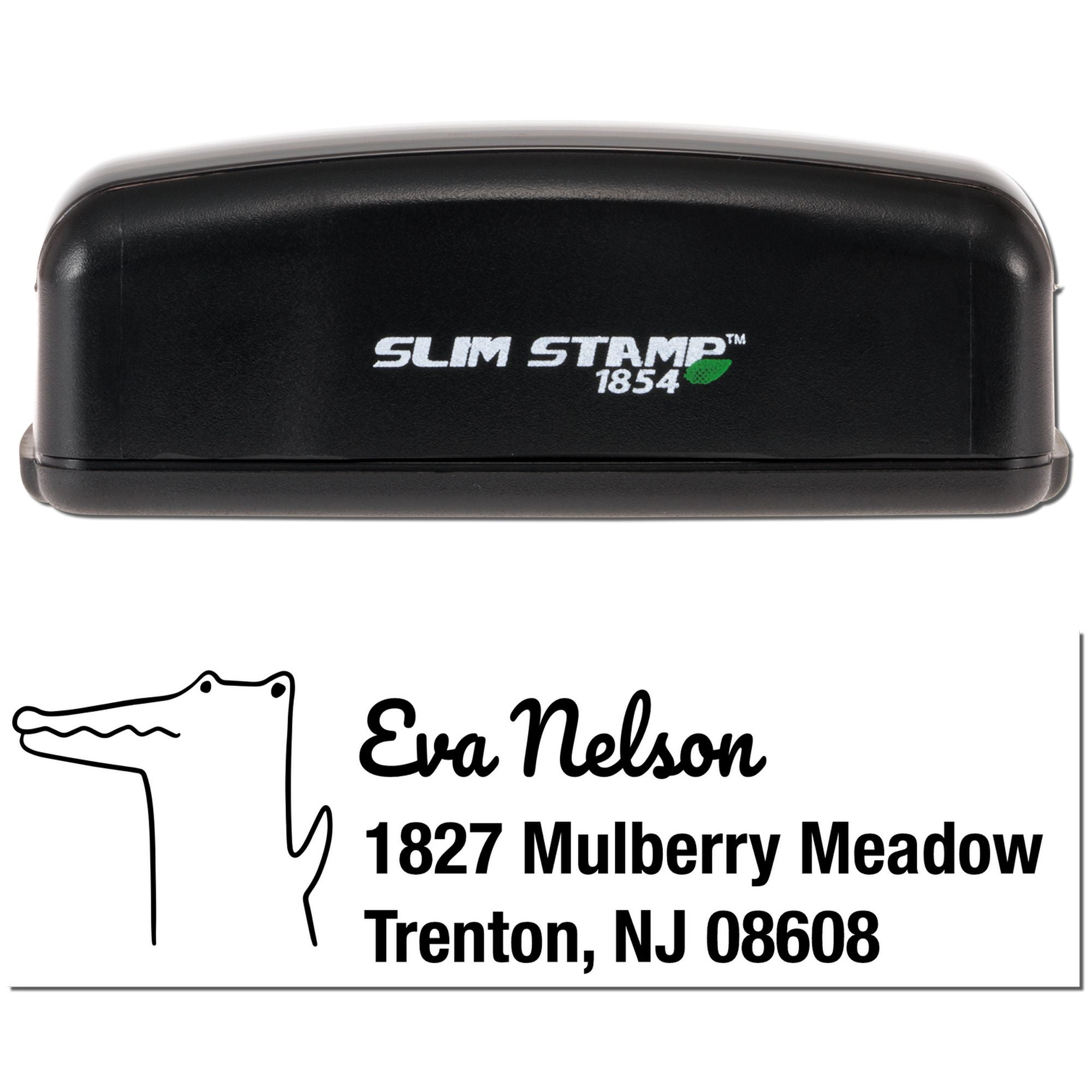 Slim Stamp 1854 custom rubber address stamp with alligator design and Eva Nelson Trenton, NJ return address.