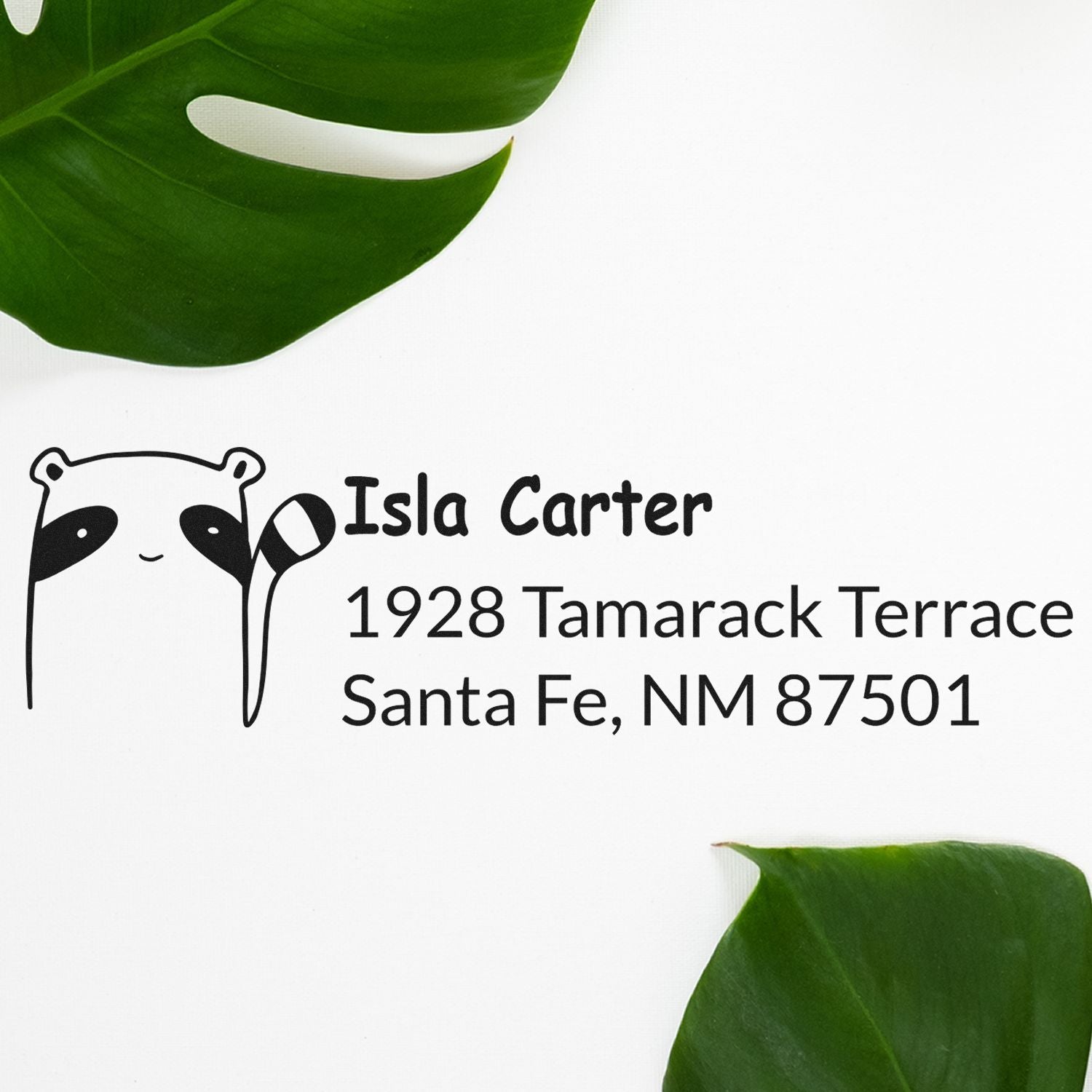 Custom rubber return address stamp with panda design, Isla Carter, 1928 Tamarack Terrace, Santa Fe, NM 87501