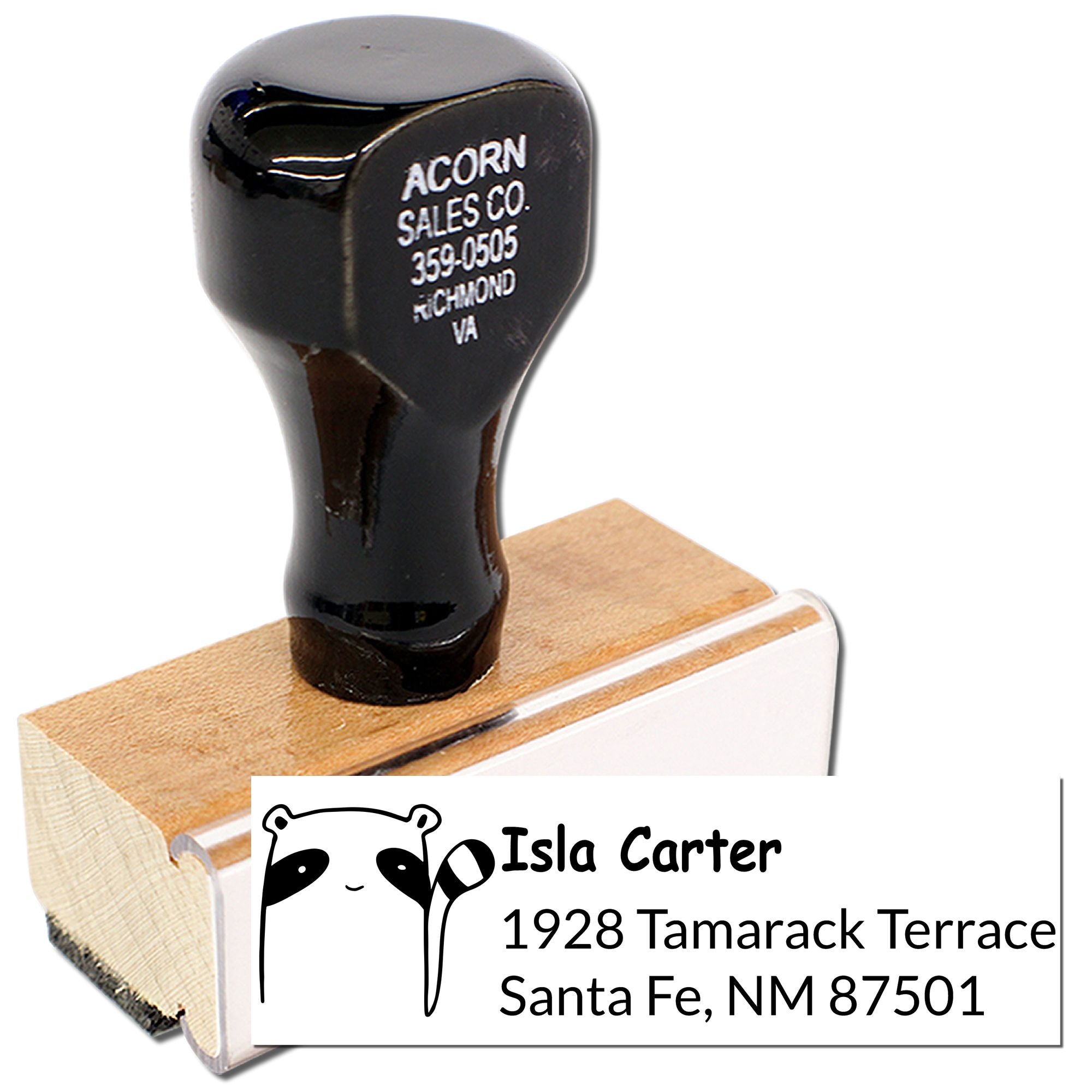 Custom address rubber stamp with panda logo and return address imprint for mailing envelopes.