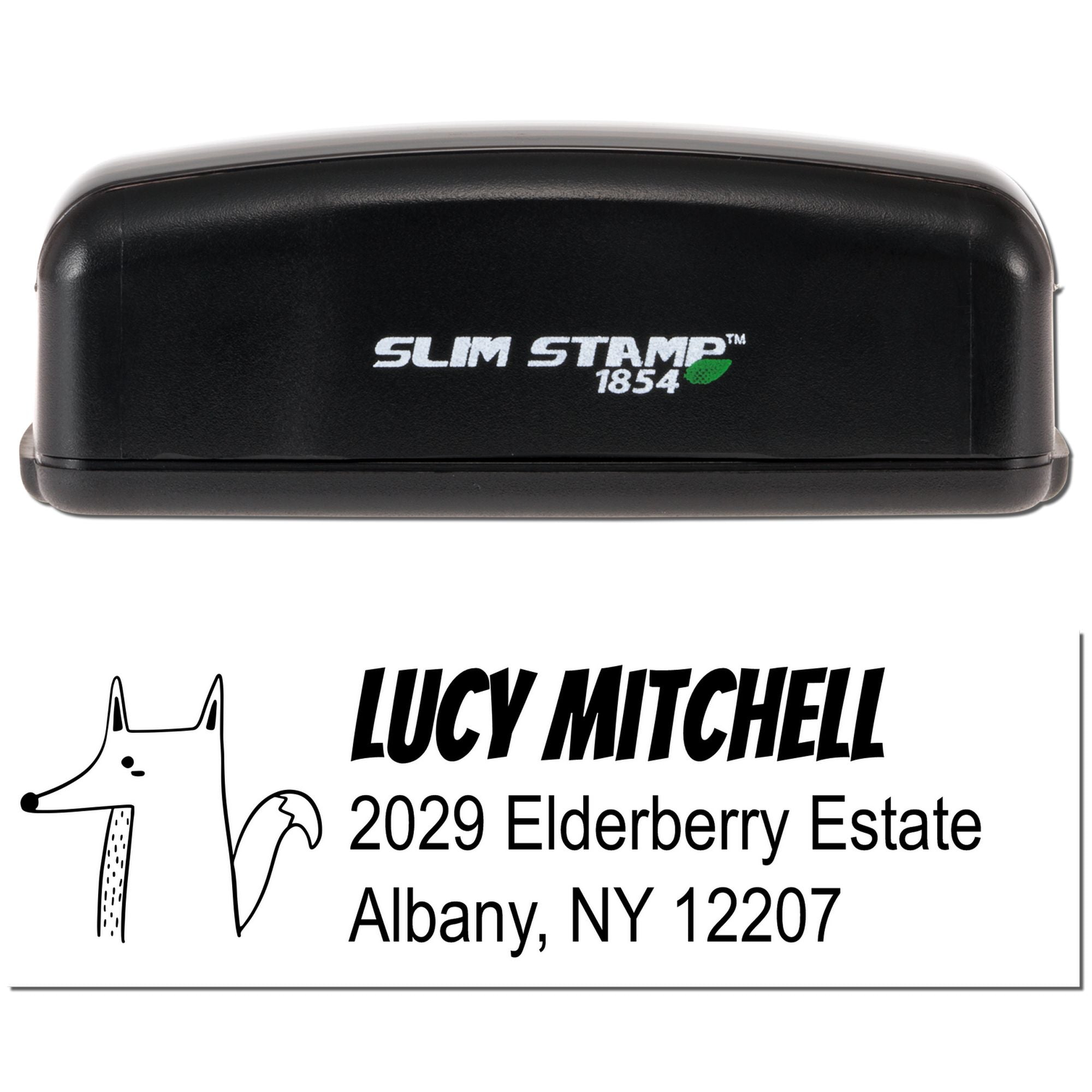 Slim Stamp 1854 custom rubber address stamp with dog logo for Lucy Mitchell, 2029 Elderberry Estate, Albany, NY 12207