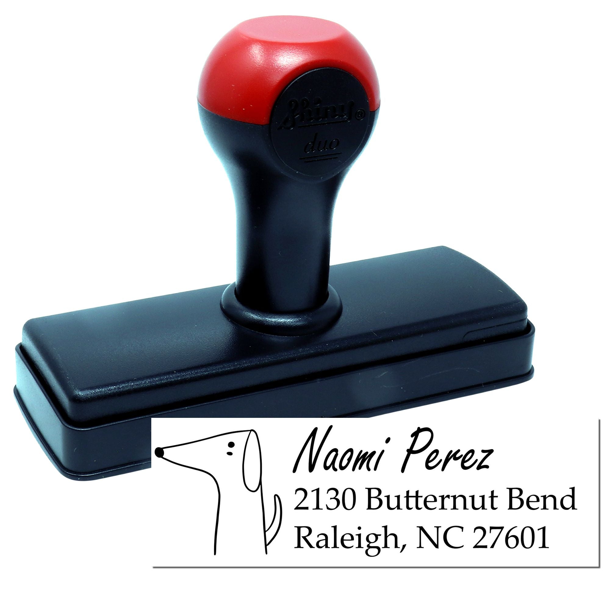 Personalized self-inking address rubber stamp with custom name and Raleigh, NC return address imprint for mailings
