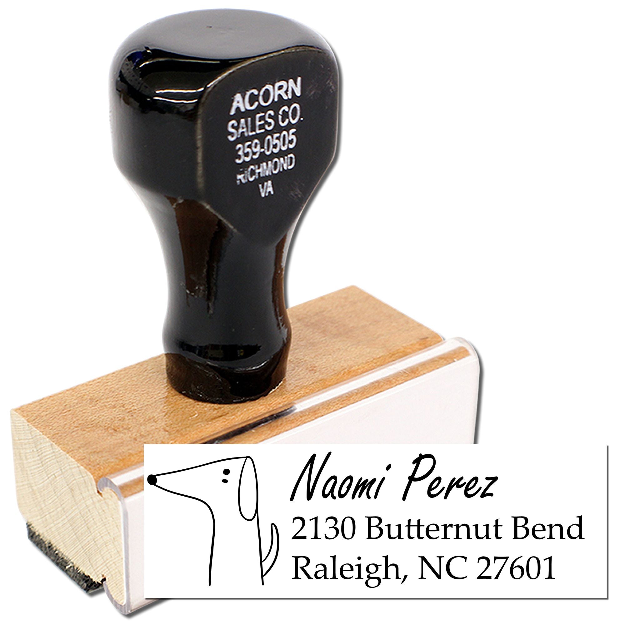 Custom rubber address stamp with dog paw logo and personalized return address for Naomi Perez, Raleigh, NC