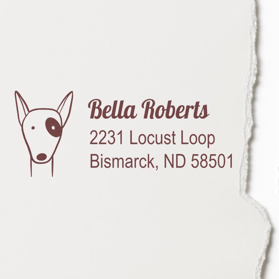 Custom dog return address rubber stamp for Bella Roberts, 2231 Locust Loop, Bismarck, ND 58501