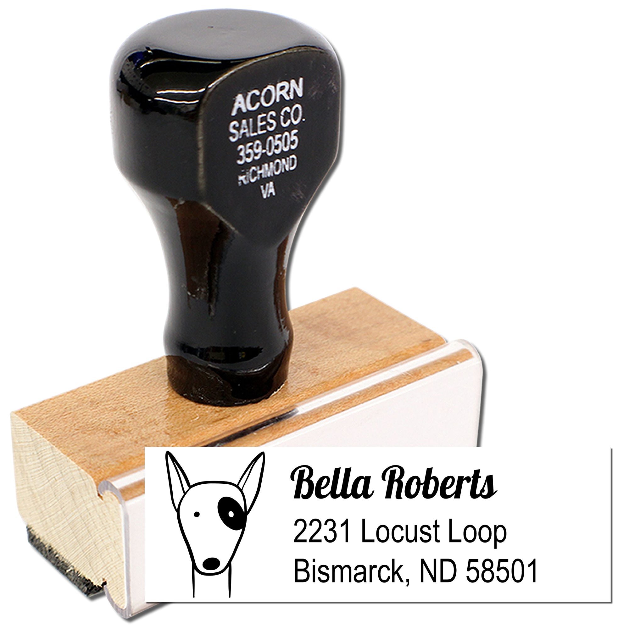 Custom dog address rubber stamp with Bella Roberts name and Bismarck, ND address on a wooden stamp block.