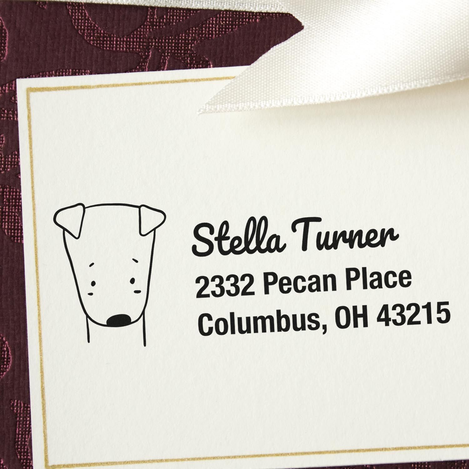 Custom return address rubber stamp with dog icon for Stella Turner, 2332 Pecan Place, Columbus, OH 43215